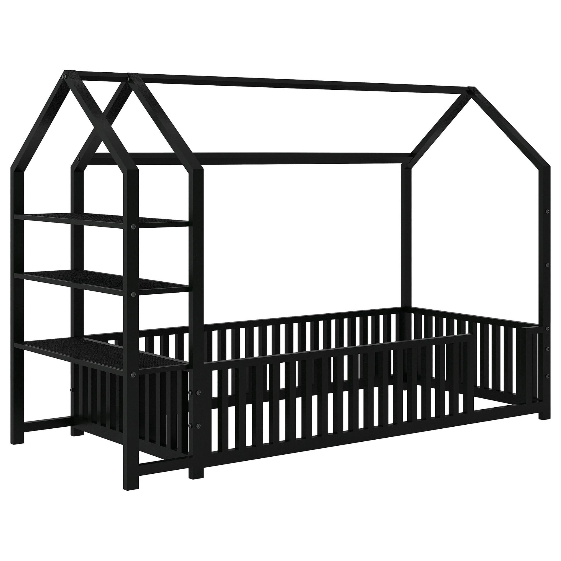 Twin Size Metal House Bed With Fence And Detachable Storage Shelves, Black Twin Black Metal