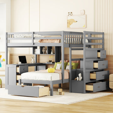 Full Over Twin Bunk Bed With Desk, Drawers And Shelves, Gray Gray Solid Wood