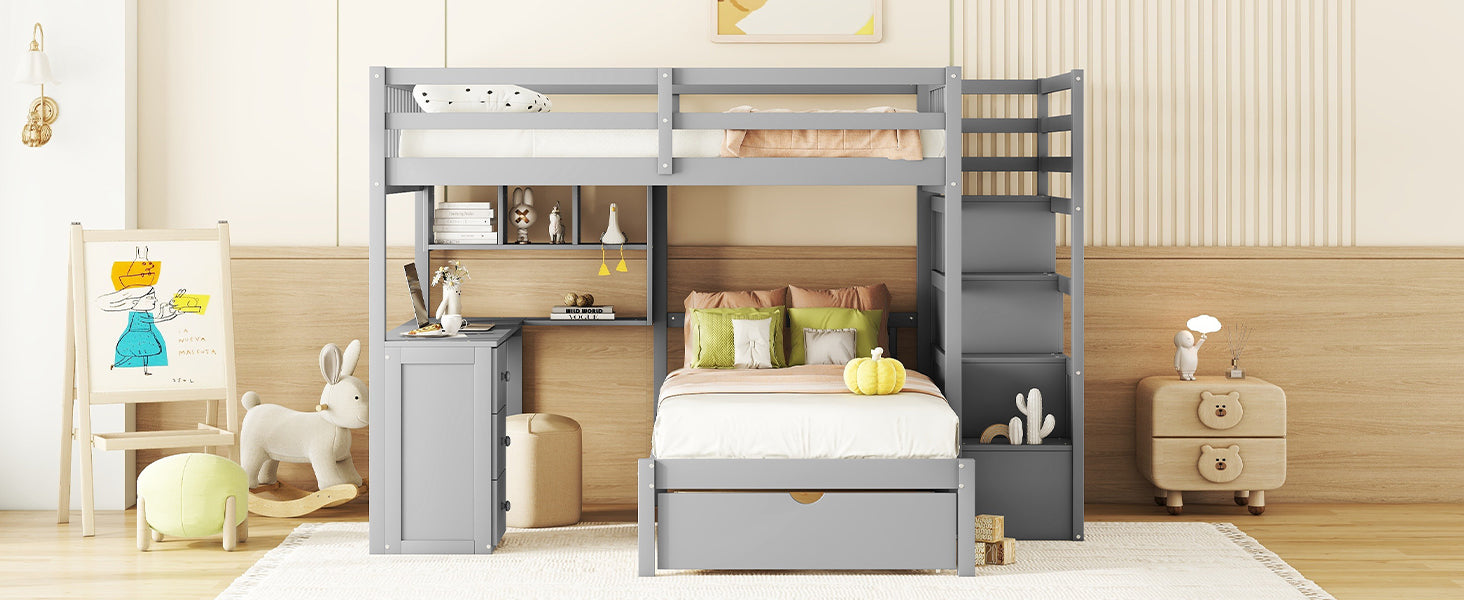 Full Over Twin Bunk Bed With Desk, Drawers And Shelves, Gray Gray Solid Wood