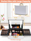 Portable Makeup Case With Led Mirror Travel Makeup Bag Cosmetic Organizer Box With Locks, Brush Holder, Dividers, Rechargeable, White White Aluminium Alloy