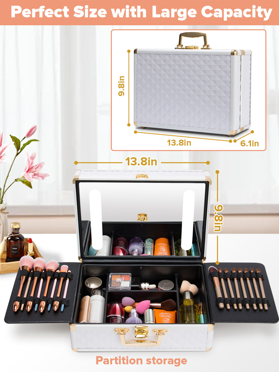 Portable Makeup Case With Led Mirror Travel Makeup Bag Cosmetic Organizer Box With Locks, Brush Holder, Dividers, Rechargeable, White White Aluminium Alloy