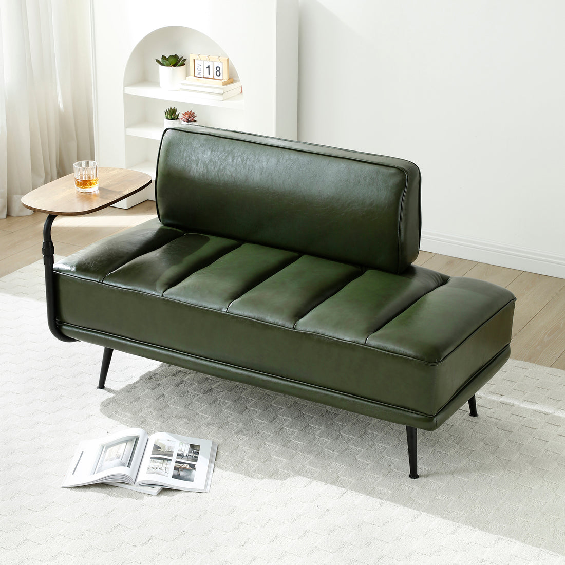 55"Inch Width Modern End Of Bed Bench,Green Faux Leather Upholstered With Side Table, 360 Degree Swivel Tray Couch,Entryway Ottoman,Window Bench With Metal Legs For Bedroom, Living Room Green Faux Leather Wood Primary Living Space Modern Foam Pu Leather