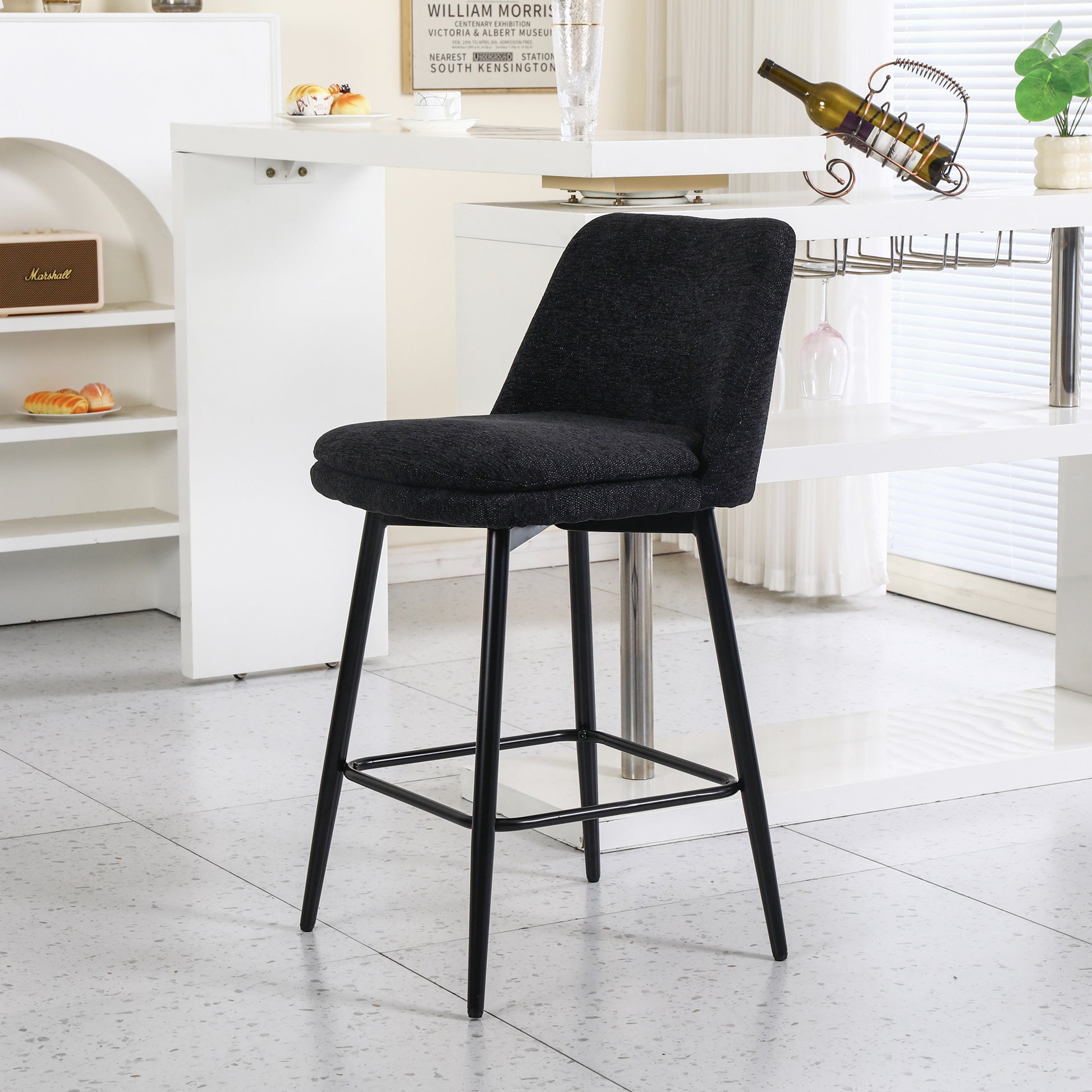 Counter Height Swivel Bar Stools Set Of 2, 360 Swivel Upholstered Barstools With Back And Metal Legs, 25.6" Seat Height,Counter Stools For Kitchen Island And Pub,Linen Cloth,Black Linen. Black Set