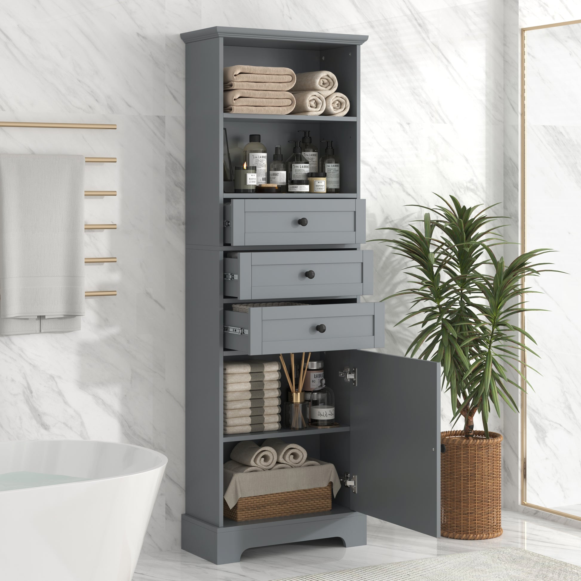 Gray Tall Storage Cabinet With 3 Drawers And Adjustable Shelves For Bathroom, Study, Office And Interior, Mdf Board With Painted Finish Gray Mdf