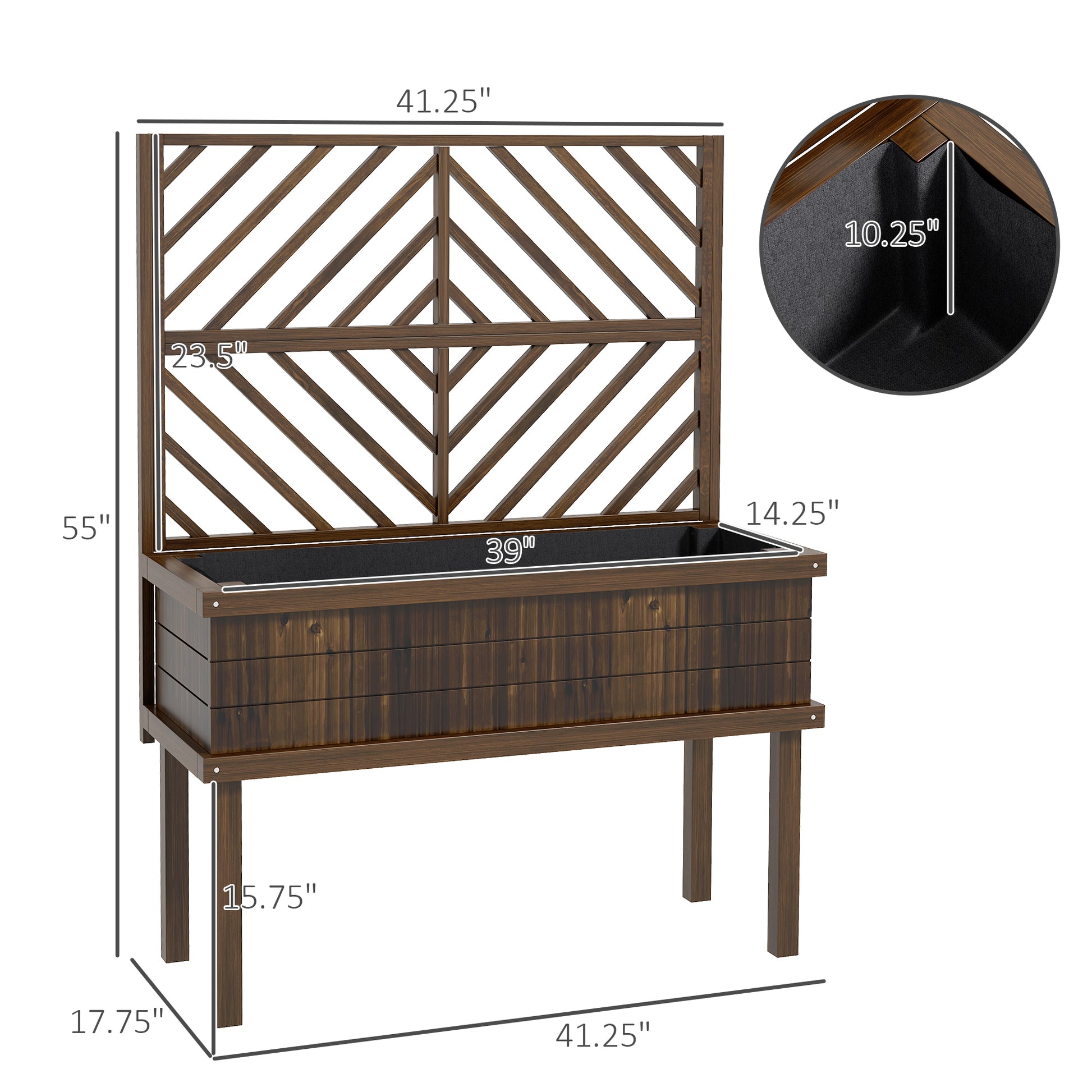 Outsunny Raised Garden Bed With Trellis For Climbing Plants, Vegetable, Grape Vines, Wood Planter With Legs, Drainage Holes And Filter For Outdoor Garden, Patio, Carbonized Brown Wood