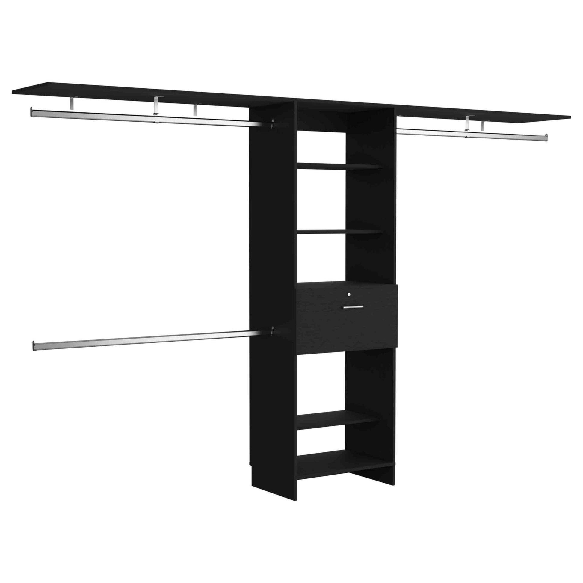 Closet System 70"W 118"W, Three Hanging Rods, Five Shelves, One Drawer, Black Black Solid Wood Mdf Engineered Wood