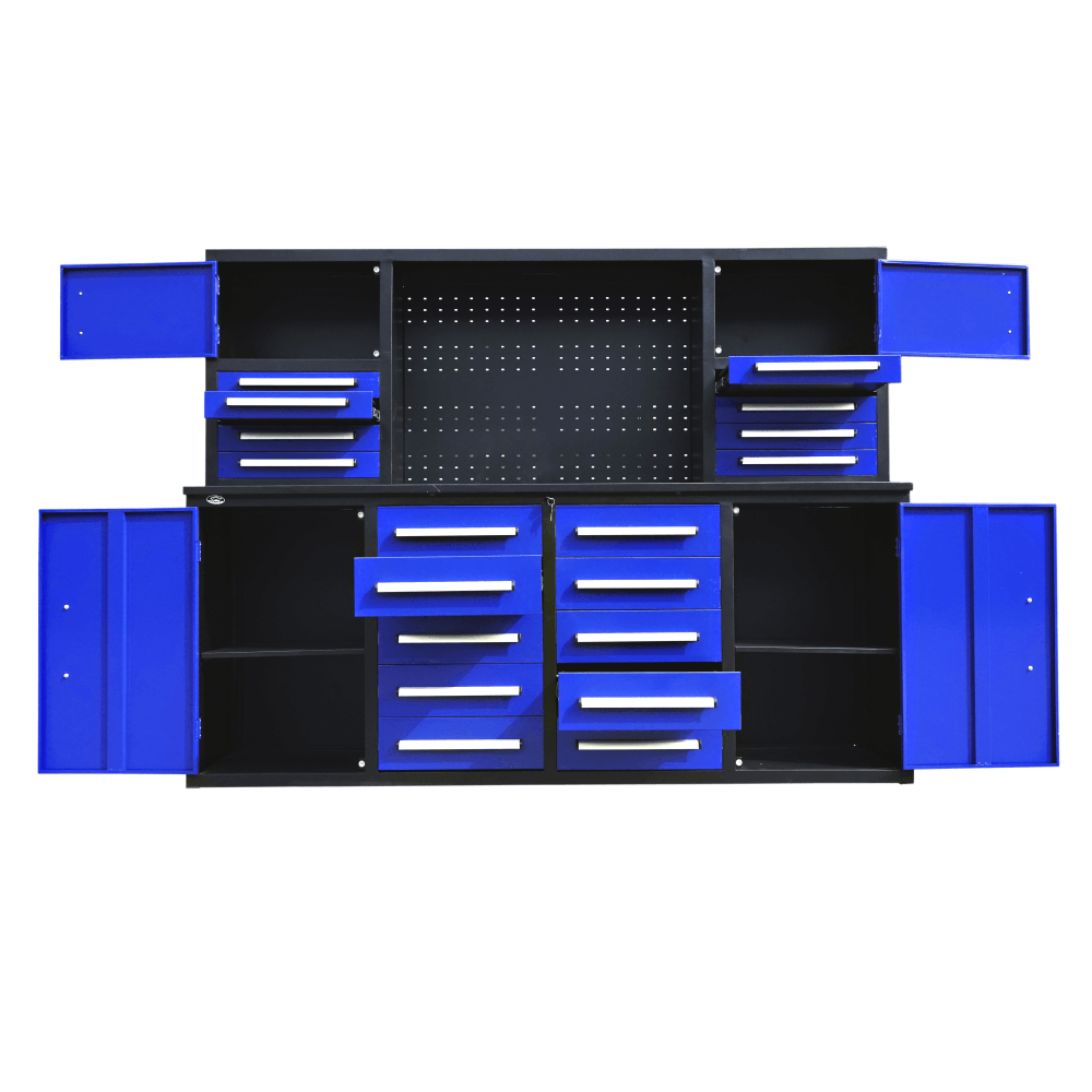 7' Garage Storage Cabinet With Workbench 18 Drawers & 4 Cabinets & Pegboard Blue Steel