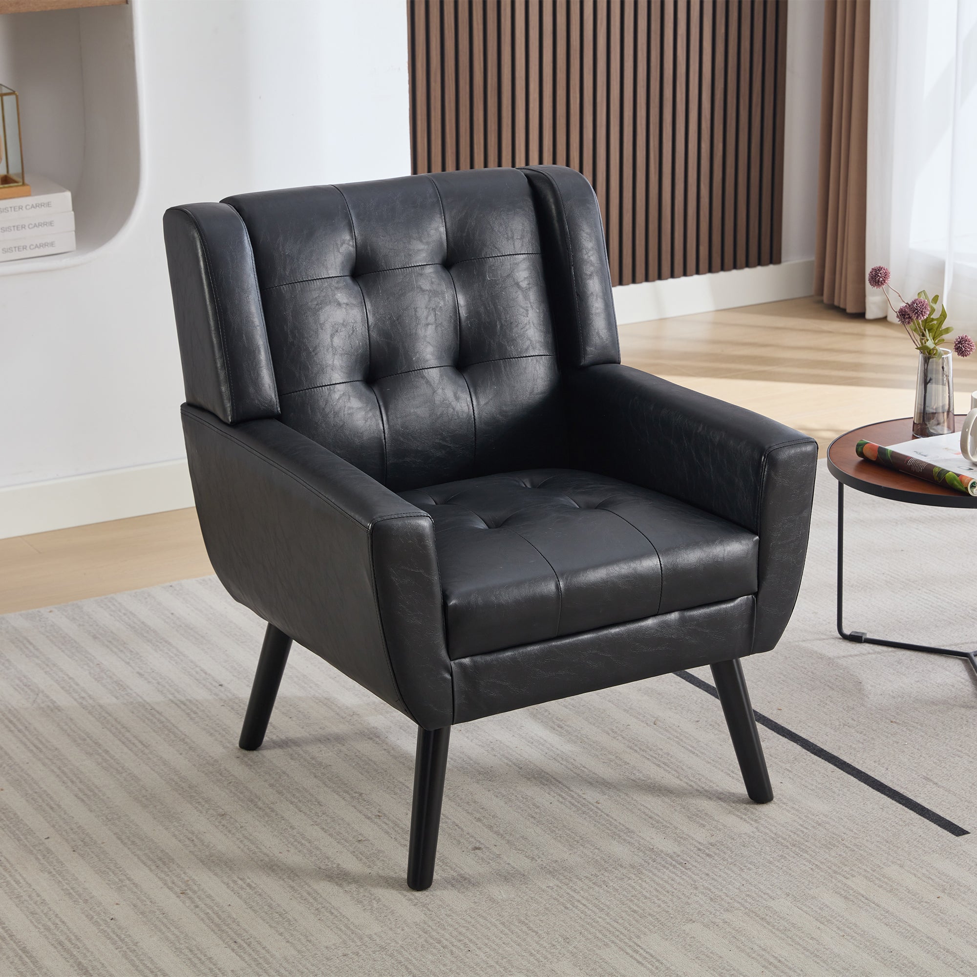 Modern Soft Leather Material Ergonomics Accent Chair Living Room Chair Bedroom Chair Home Chair With Black Legs For Indoor Home Black Pu Black Foam Upholstered