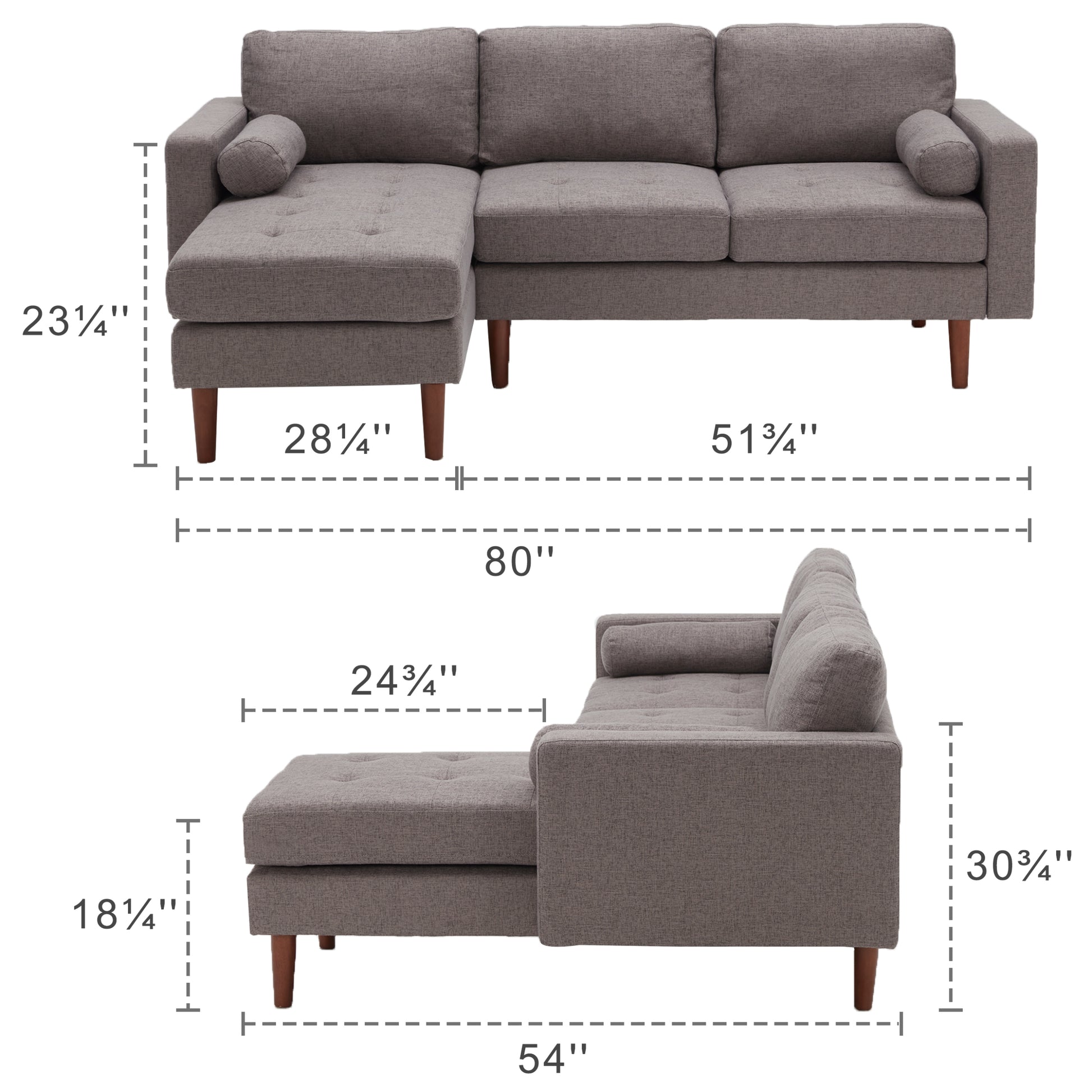 80" W Sectional Sofa Couch, Convertible Sofa With Tufted Seat Cushion, L Shaped Couch With Reversible Chaise, Mid Century Modern Couches For Living Room Apartment Small Space, Line Grey Brown Wood Bedroom Heavy Duty Oak 4 Seat Gray Linen Soft Cushion