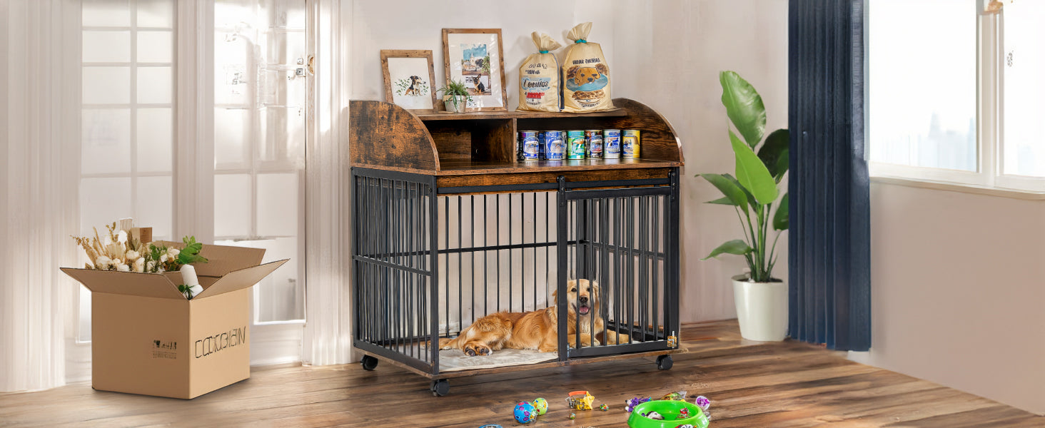 38'' Heavy Duty Dog Crate Furniture For Medium Dog With Lockable Wheels, Wooden Dog Crate Dog Kennel, End Table Crate With Double Layer Storage, Brown Brown Dog Engineered Wood