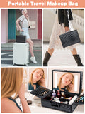 Portable Makeup Case With Led Mirror Travel Makeup Bag Cosmetic Organizer Box With Locks, Brush Holder, Dividers, Rechargeable, Black Black Aluminium Alloy