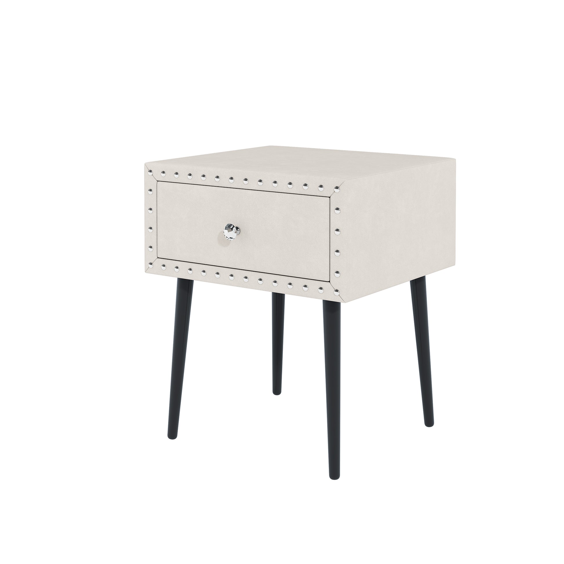 Modern Nightstands Set Of 2 With Drawer And Crystal Handle, Elegant Rivet Velvet Design Bedside Table For Bedroom, Beige Beige 1 Drawer Bedside Cabinet Mdf