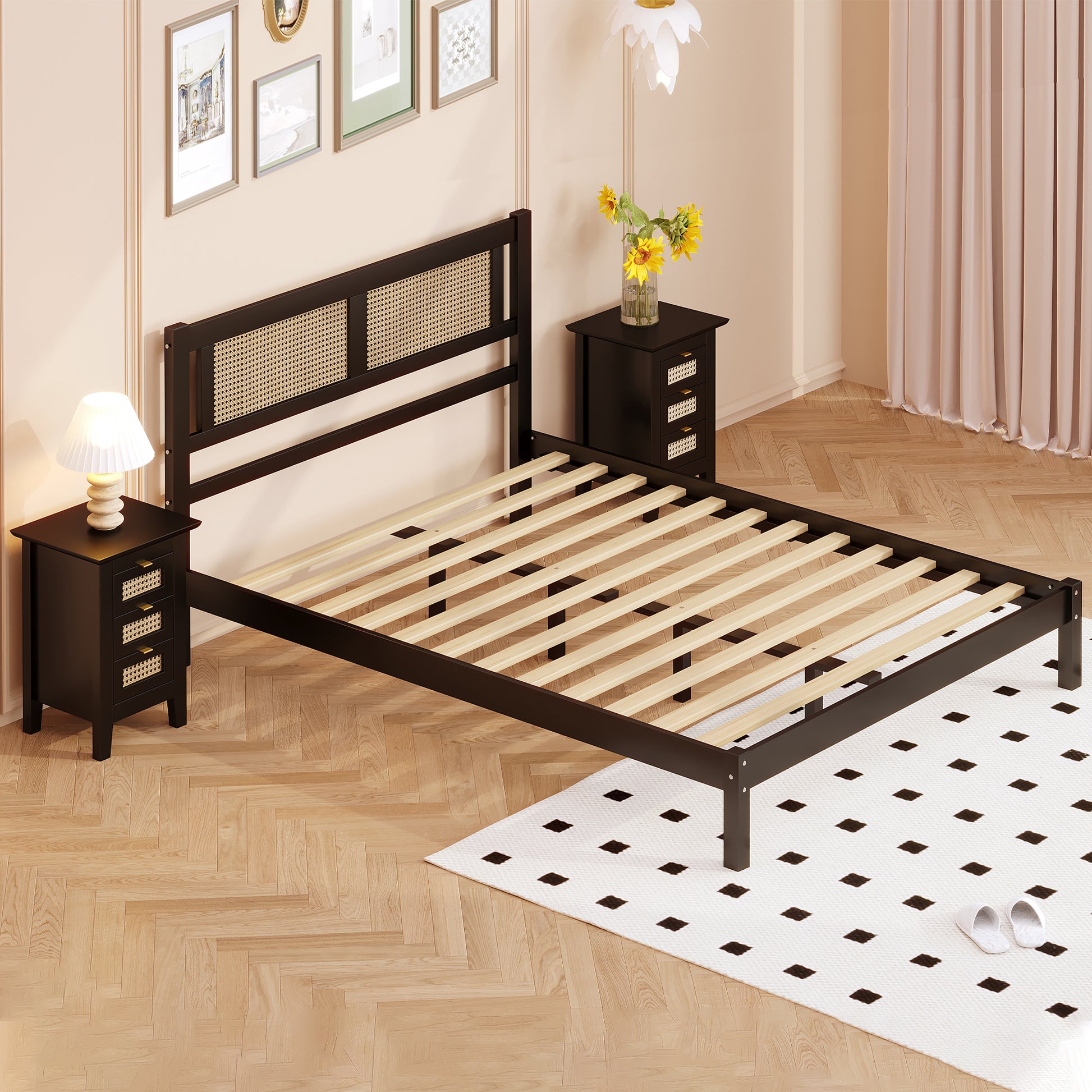 3 Pieces Bedroom Sets Full Size Wooden Platform Bed With Natural Rattan Headboard, Nightstands Set Of 2 With Rattan Woven Surfaces And Three Drawers For Bedroom, Black Black Particle Board