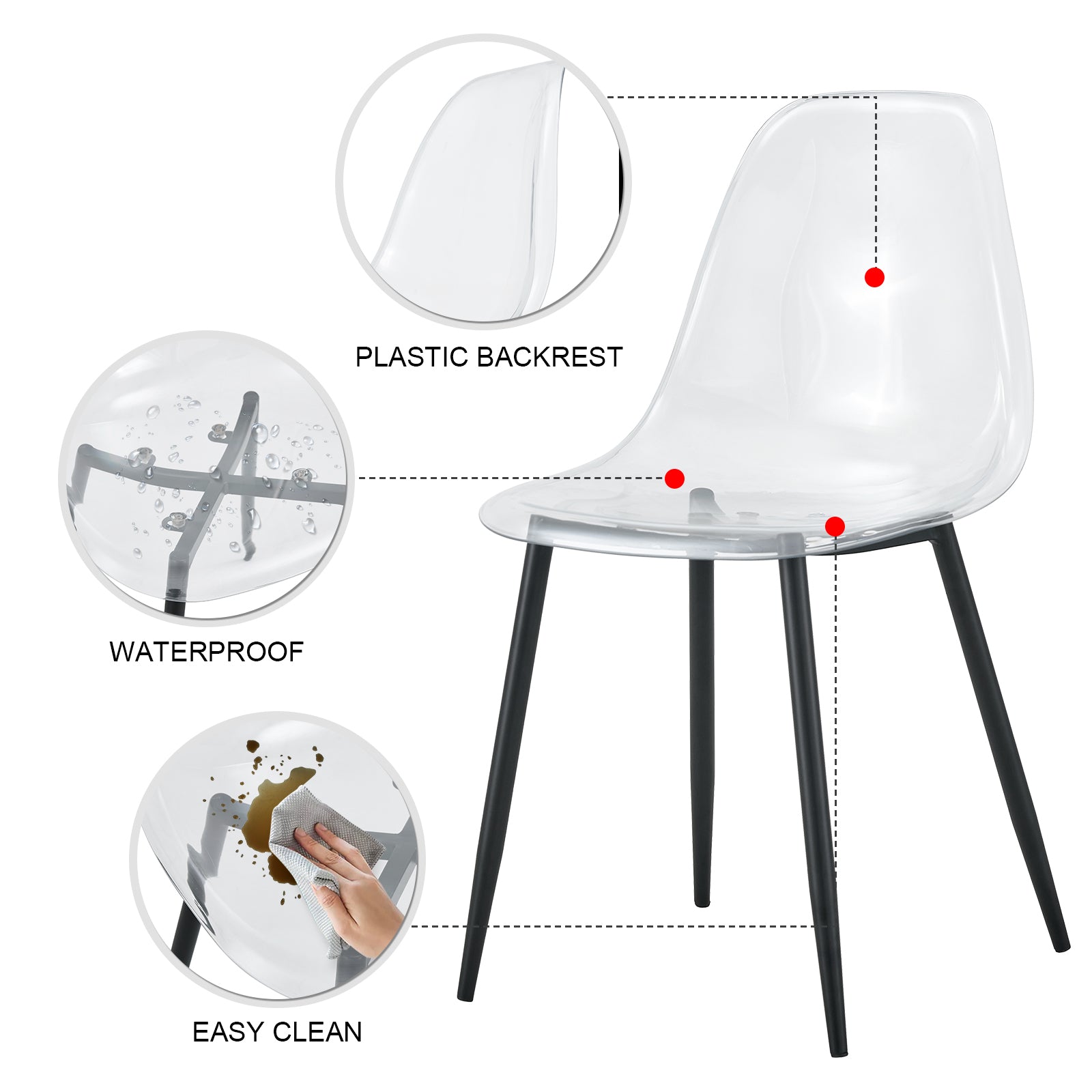 Table And Chair Set. Large Modern White Imitation Marble Patterned Round Table With Black Metal Legs. Nice Minimalist With Transparent Seats And Black Metal Legs. White Black Seats 4 Glass Metal