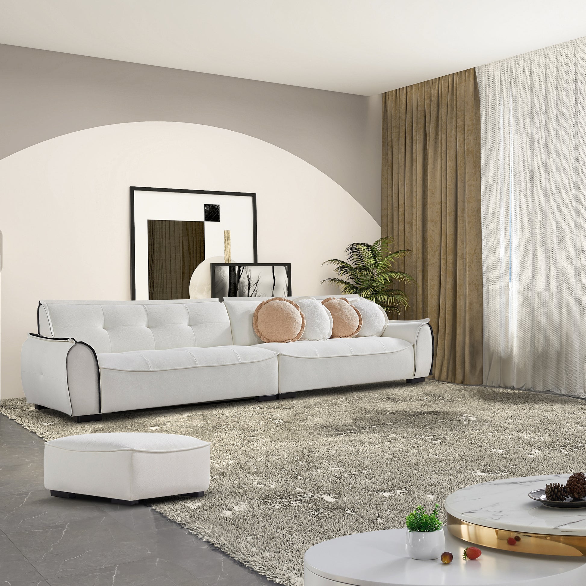 137.80" Chenille Sofa,4 Seater Modern Sofa Couch With Ottoman,Comfy Upholstered Sofa For Living Room White Chenille Wood Eucalyptus Foam 4 Seat