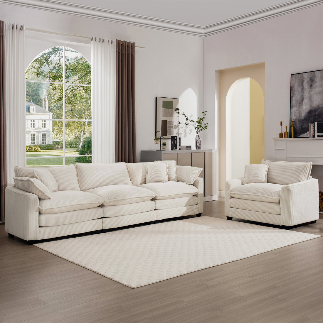 Mid Century Modern Set Of 2 Sofas With One 3 Seater Sofa And One Single Accent Chair, Light Beige Corduroy Fabric Beige Corduroy 4 Seat