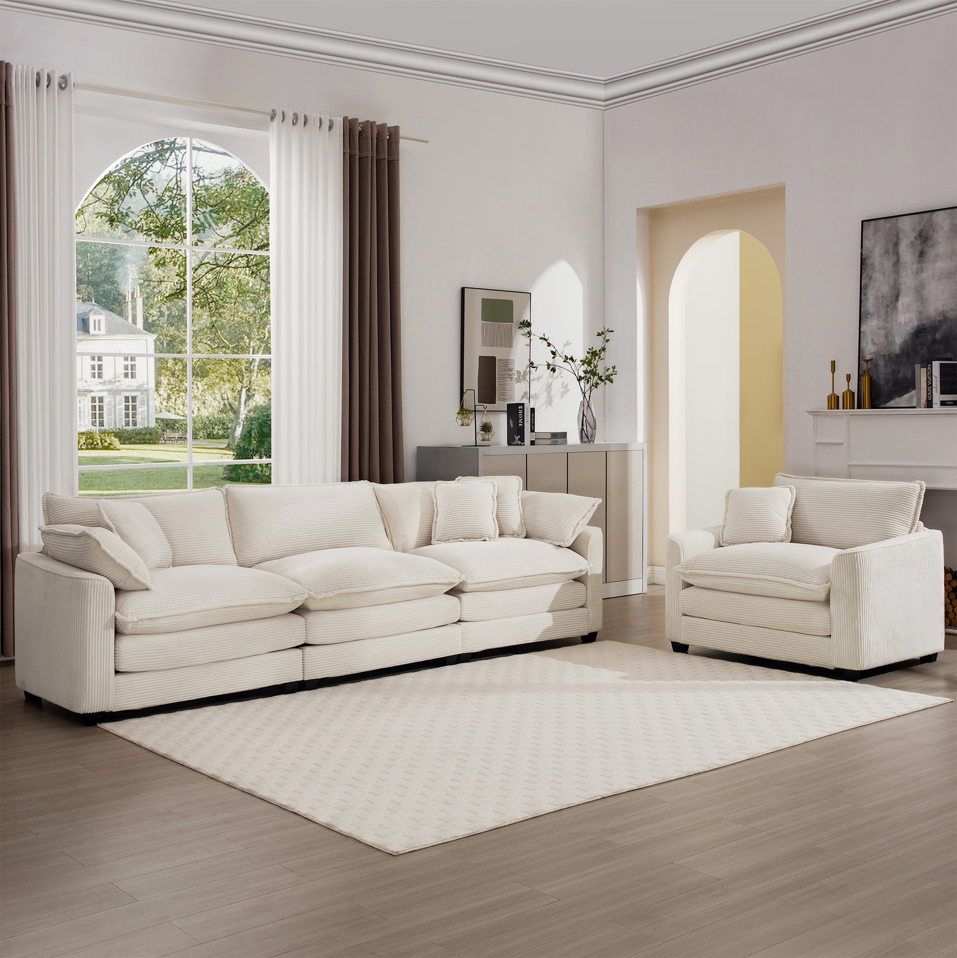 Mid Century Modern Set Of 2 Sofas With One 3 Seater Sofa And One Single Accent Chair, Light Beige Corduroy Fabric Beige Corduroy 4 Seat