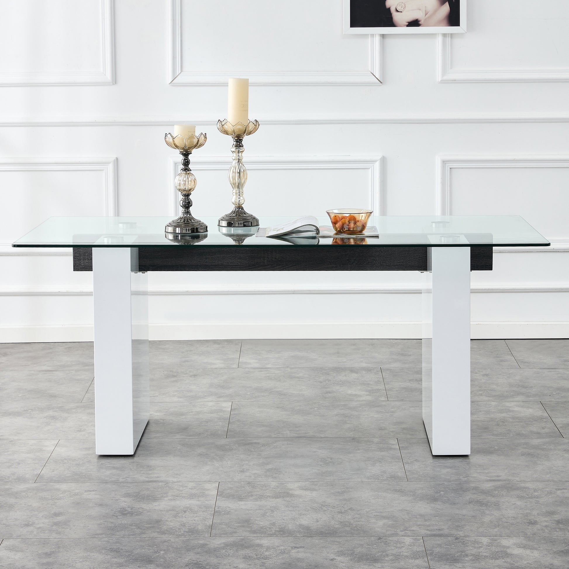 Table And Chair Set. Large Modern Rectangular Table With Glass Top And Large Mdf Legs. Comes With 6 Chairs With Faux Leather Upholstered Seats And Silver Metal Legs. White Black Seats 6 Mdf Glass