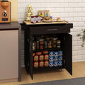 Kitchen Island Rolling Trolley Cart With 1 Drawer & 2 Doors With Adjustable Shelves & Towel Rack & Seasoning Rack Rubber Wood Table Top Black Black Mdf