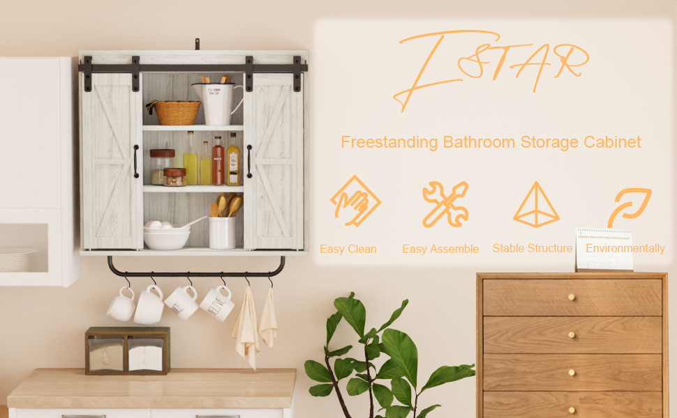 Rustic Wood Wall Storage Cabinet With Two Sliding Barn Door, 3 Tier Decorative Farmhouse Vintage Cabinet For Kitchen Dining, Bathroom, Living Room, Vintage Gray Gray Adjustable Shelves Particle