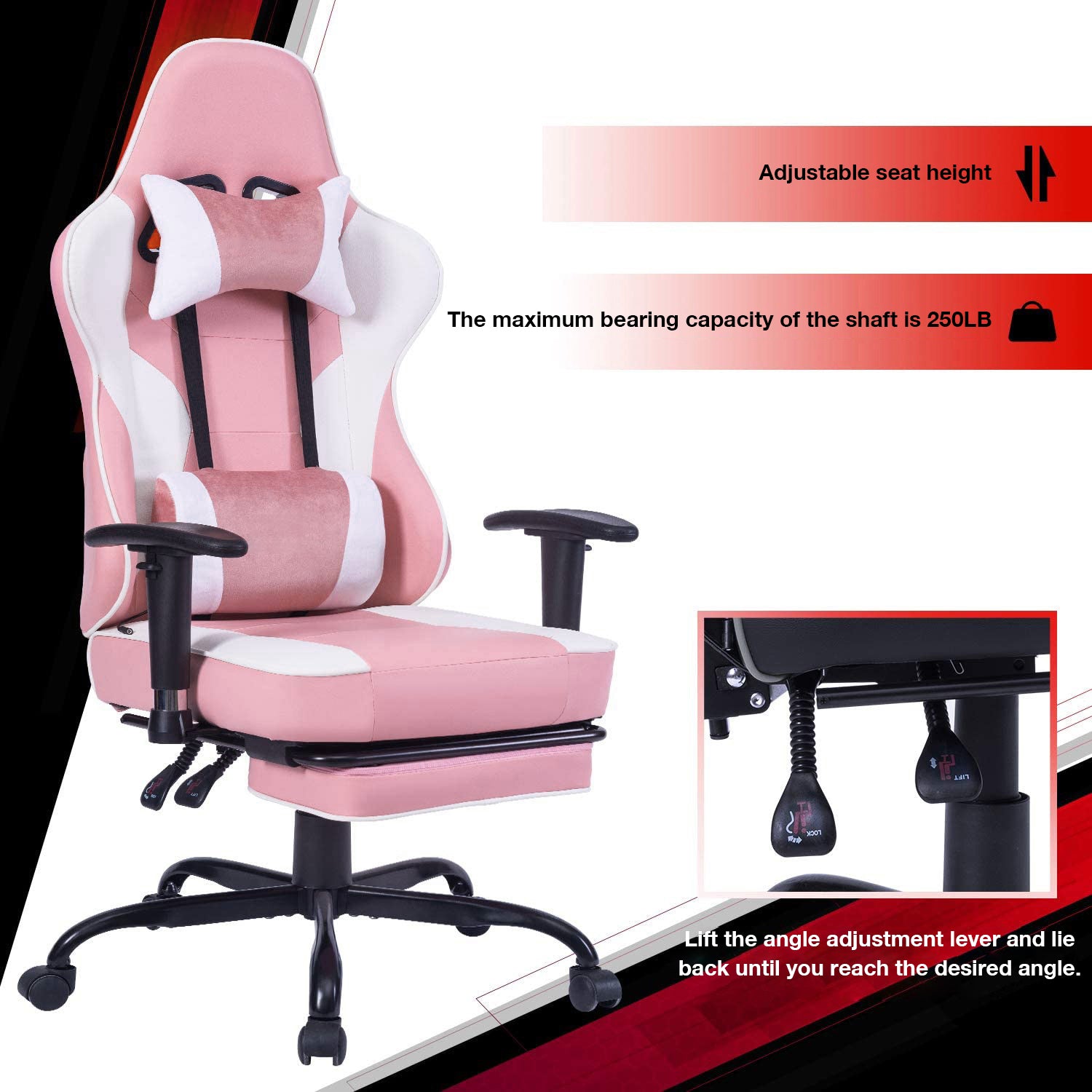 Game Chair, Ergonomiy Designed Computer Chair With Headrest And 2D Armrests, Waist Pillow Electronic Lounge Chair With Vibration Massage Function, Competitive Chair Iron Pink Cotton Leather