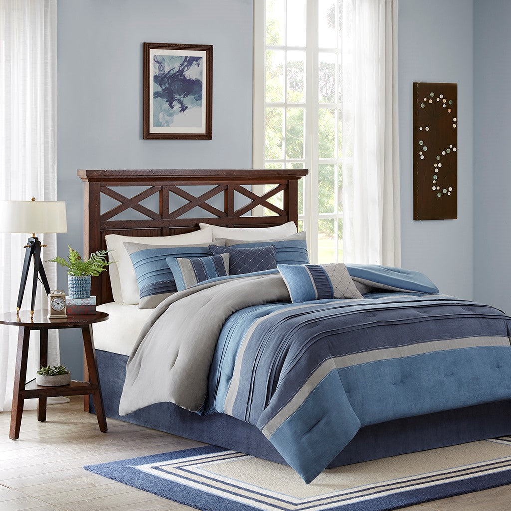 7 Piece Microsuede Comforter Set Navy Cal King California King Navy Polyester