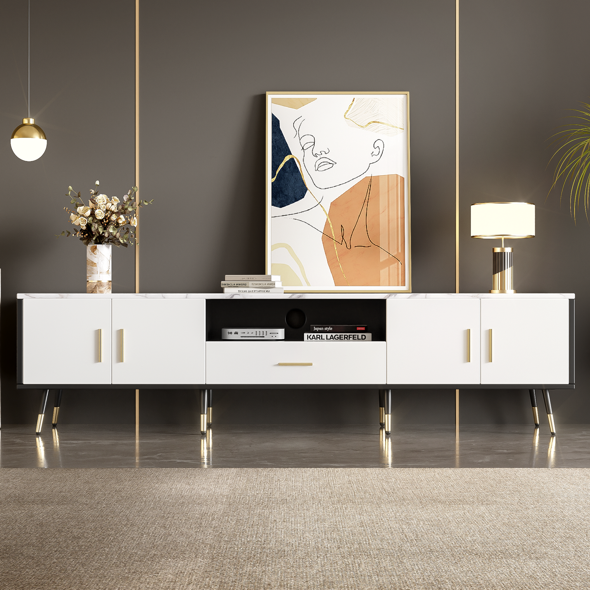 71'' Modern Tv Stand With 2 Cabinets& Open Compartments, Entertainment Center For Tvs Up To 80'', Television Console For Living Room, Bedroom, Home Theatre White Black Primary Living Space 70 79