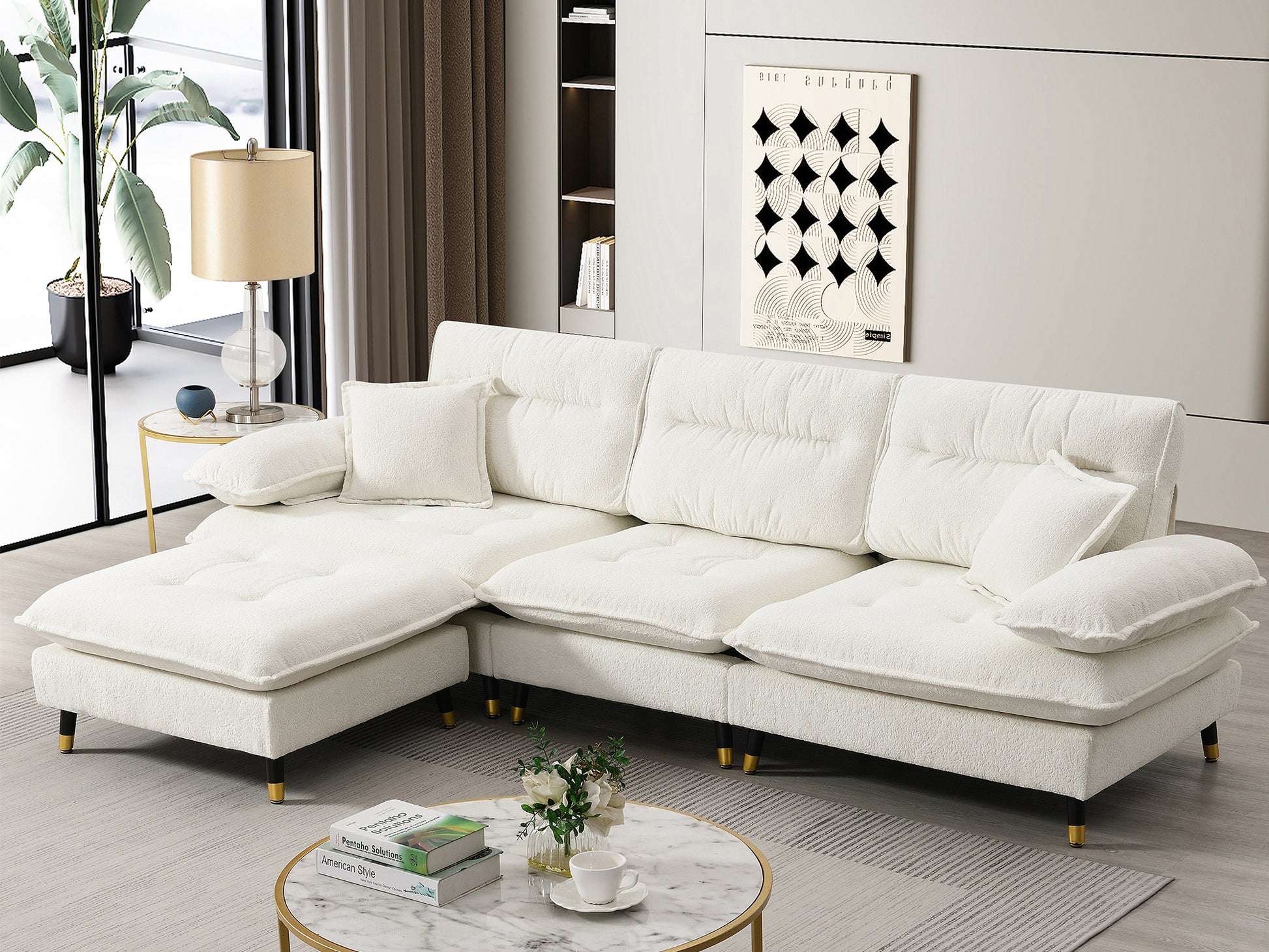 106*66.5" L Shaped Convertible Sectional Sofa,4 Seat Tufted Couch Set With Two Tone Adjust Legs,Cloud Chenille Fabric,Movable Ottoman For Living Room, Apartment,Office,3 Colors White Chenille 4 Seat