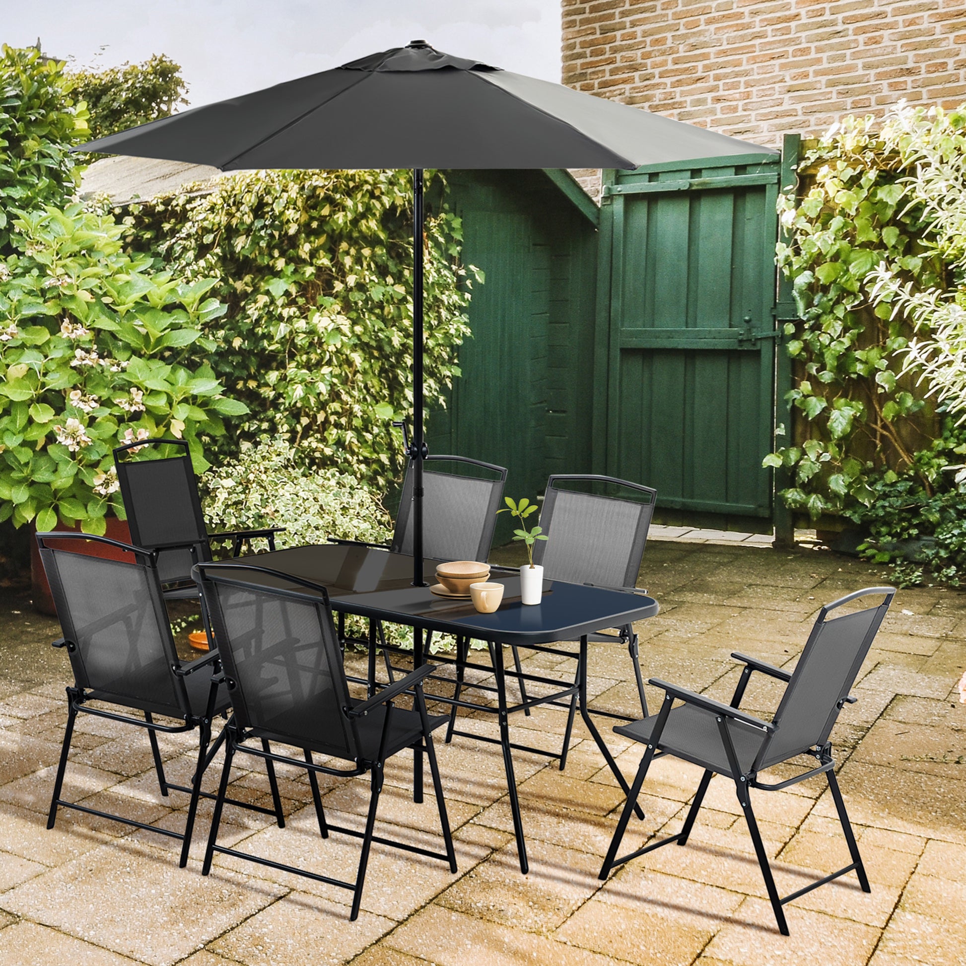 folding patio set with umbrella Outsunny 8 Piece Patio Dining Set With Table Umbrella, 6 Folding Chair