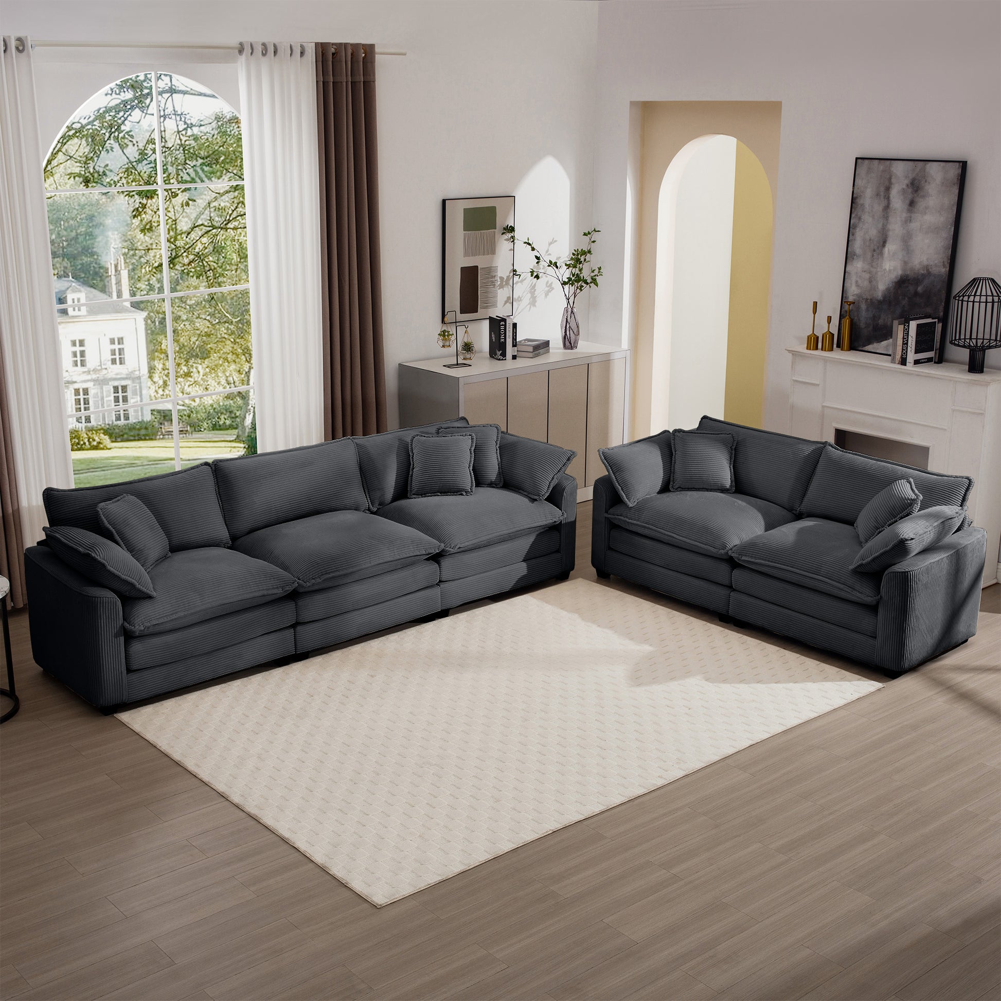 Modern Fabric Living Room Sofa Two Piece Set, Two 2 Seater Sofas With 8 Cushion Upholstery Large Deep Seat Recliner, Grey Corduroy Fabric Grey Corduroy 5 Seat