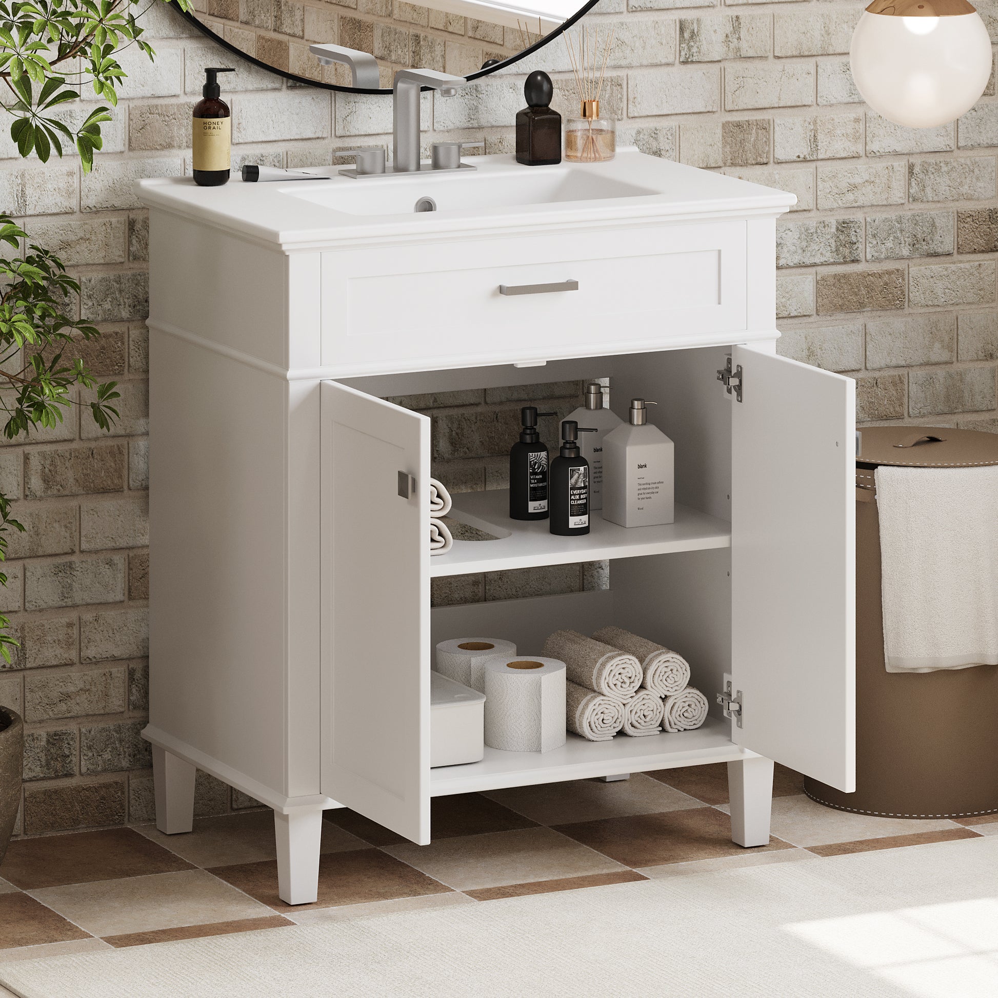 30 Inch Bathroom Vanity With Ceramic Basin, Soft Close Door And Adjustable Shelves White Bathroom Solid Wood Mdf