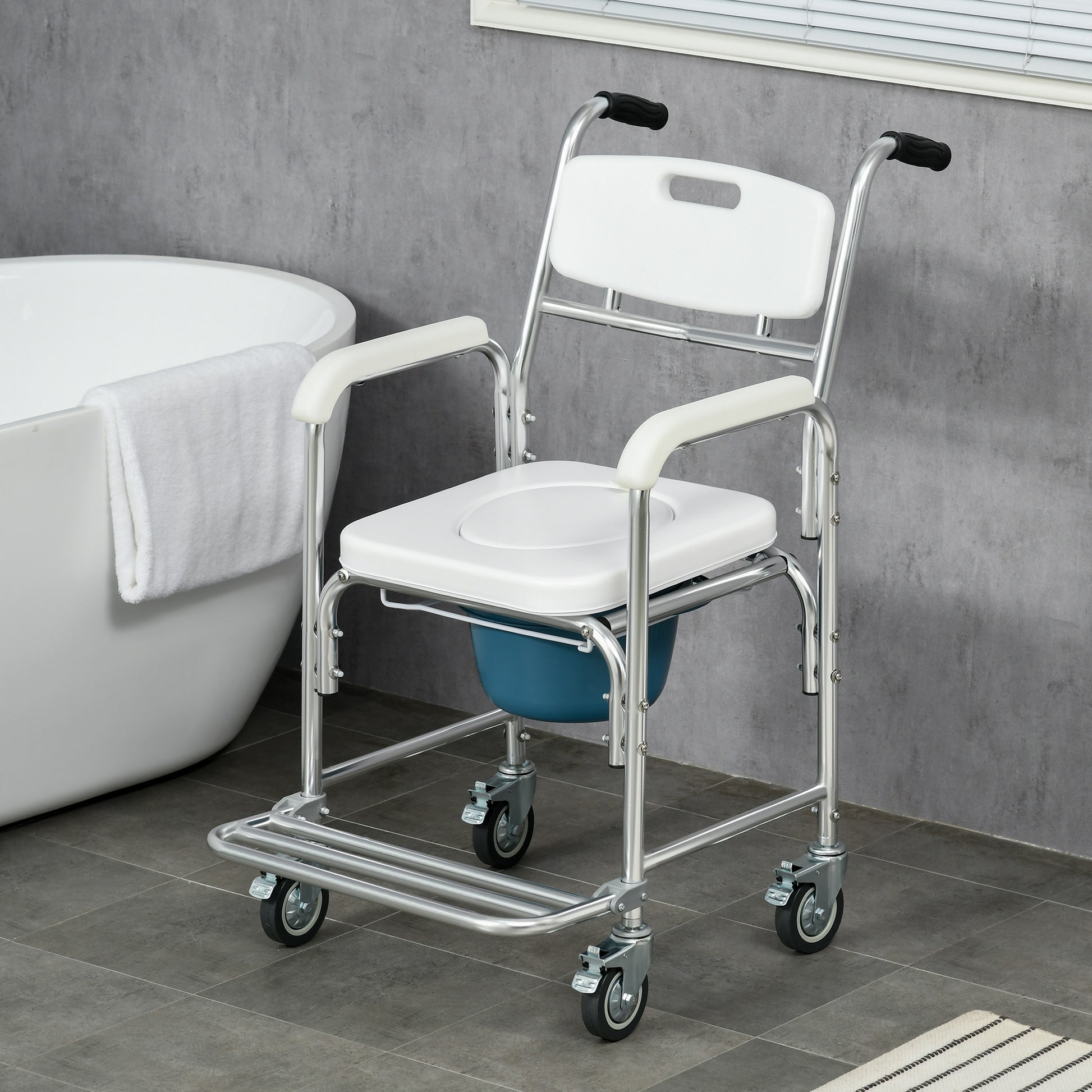 Homcom Shower Commode Wheelchair, Padded Seat, 330 Lbs., White White Aluminum