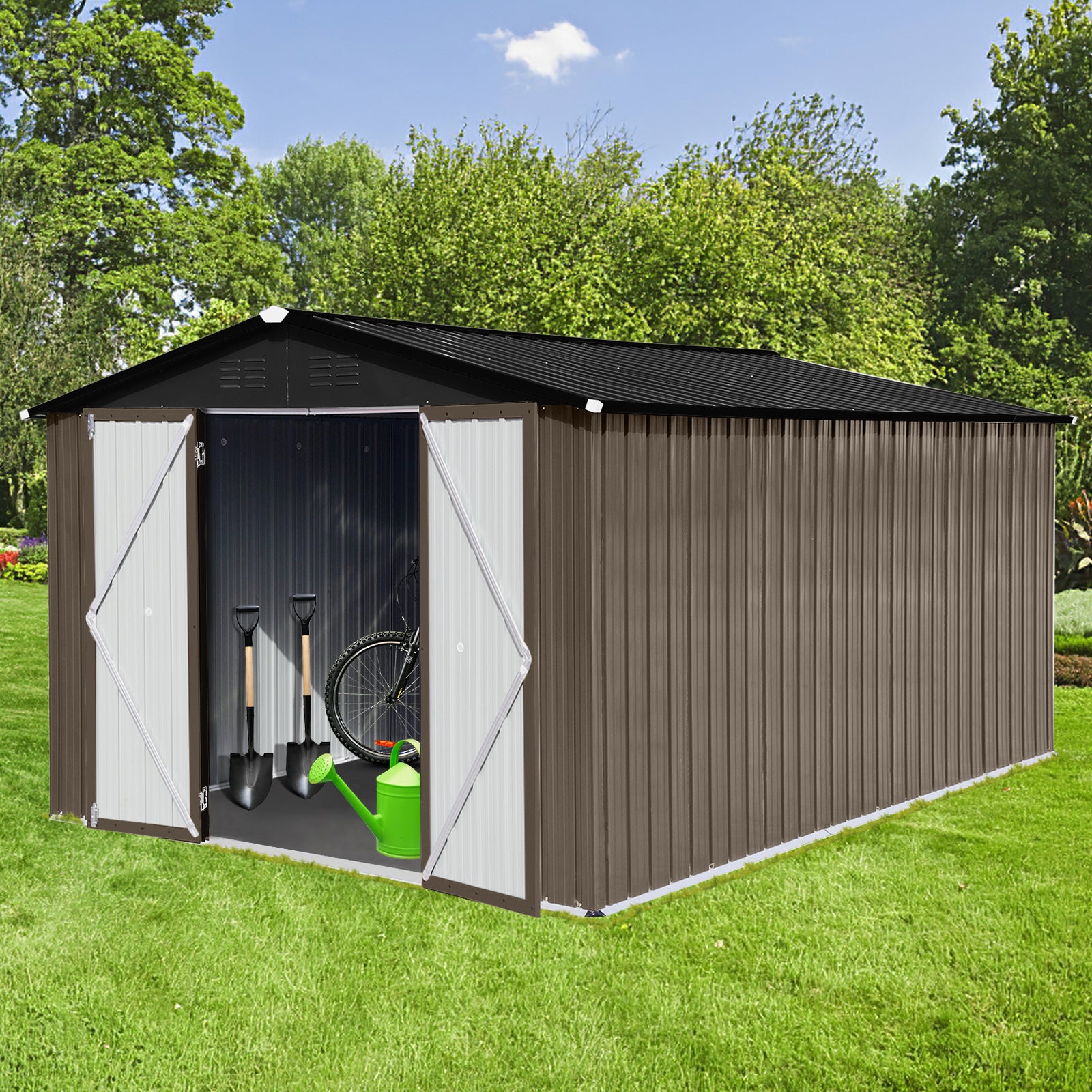 Metal Garden Sheds 10Ftx12Ft Outdoor Brown Black Black Brown Metal