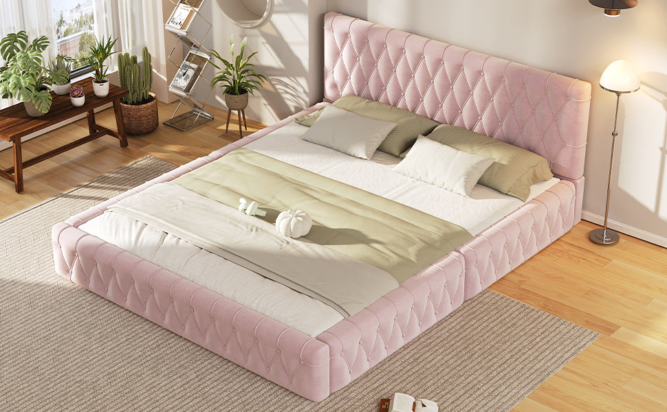 Queen Size Upholstered Bed With Tufted Headboard, Modern Velvet Platform Bedno Box Spring Required, Pink Queen Pink Solid Wood Mdf