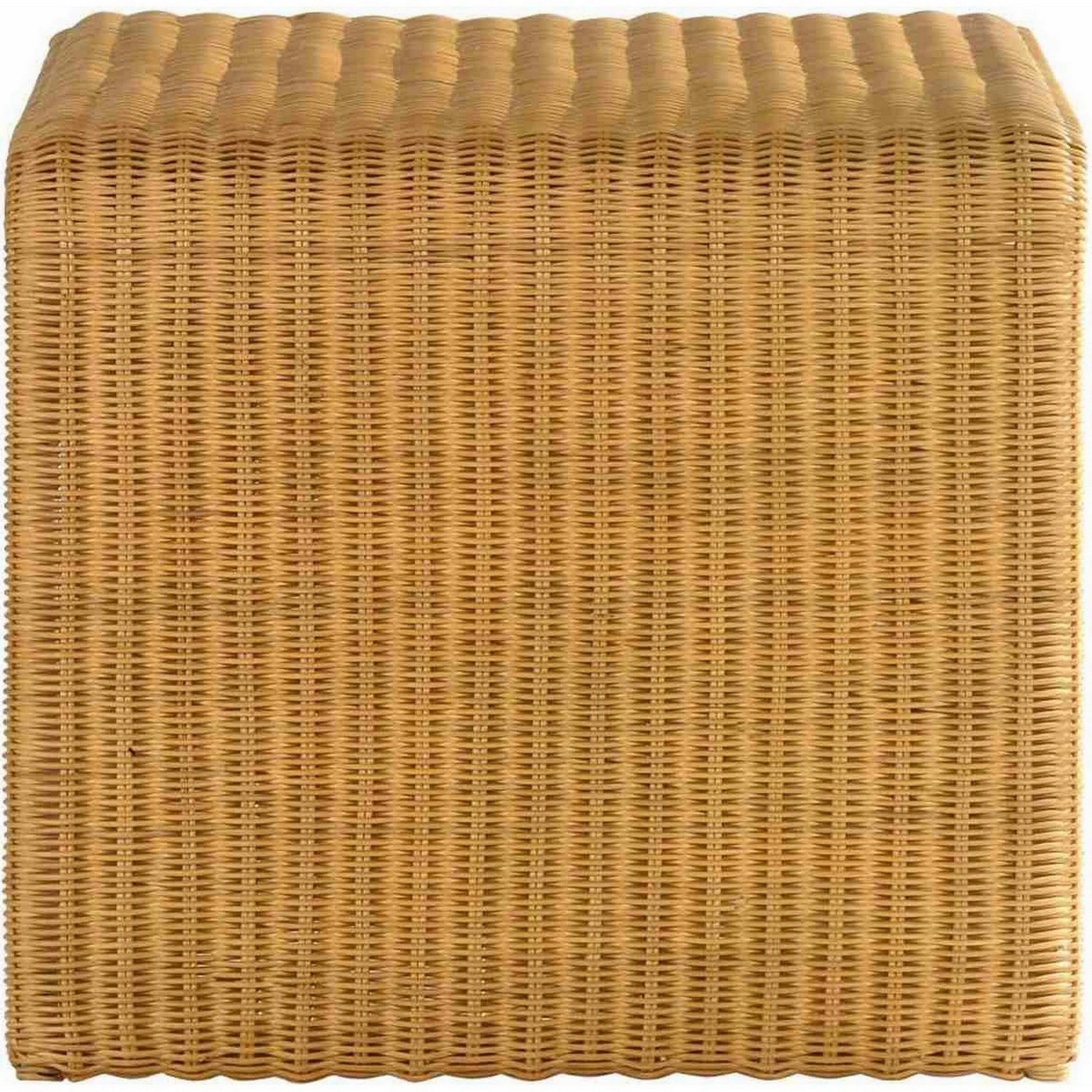 22 Inch Side End Table, Woven Rattan Frame, Waterfall Edges, Square Surface Brown Metal