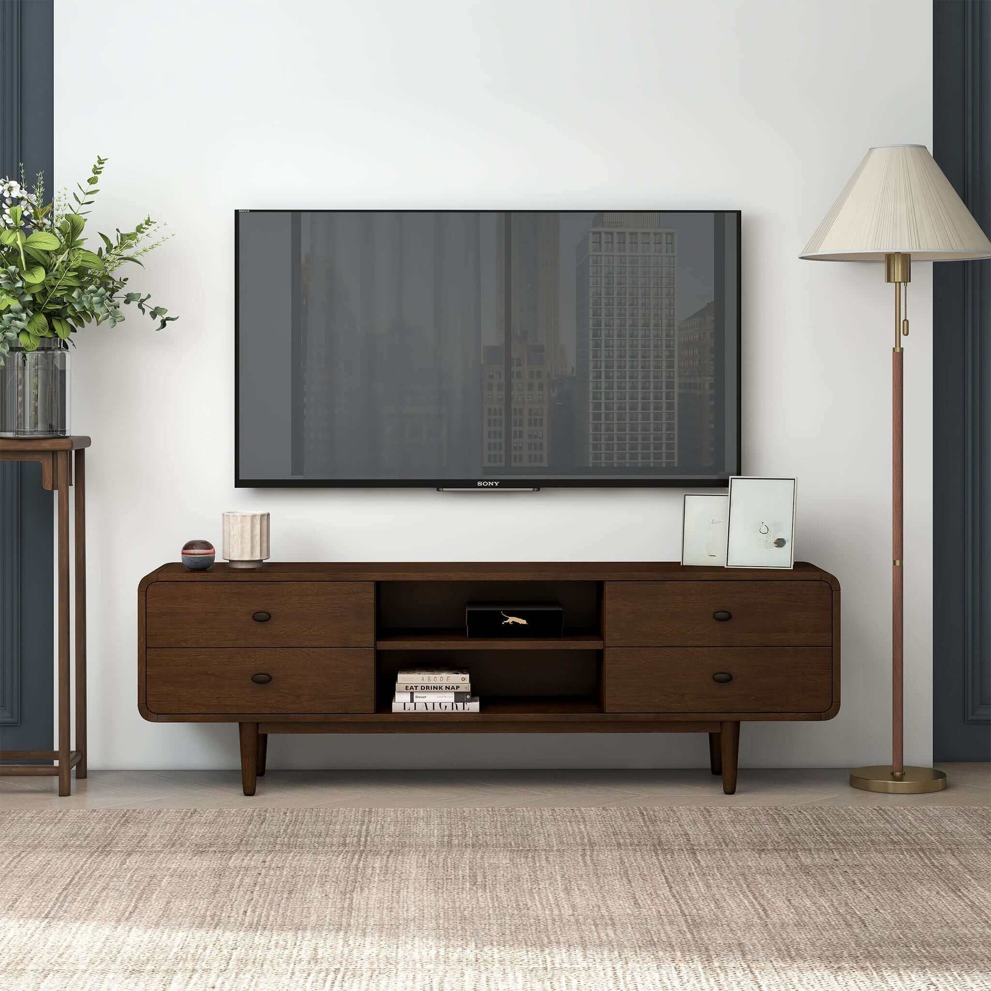 Alexa Mid Century Modern Style Tv Stand Dark Brown,Wood Brown Primary Living Space 70 79 Inches Solid Wood