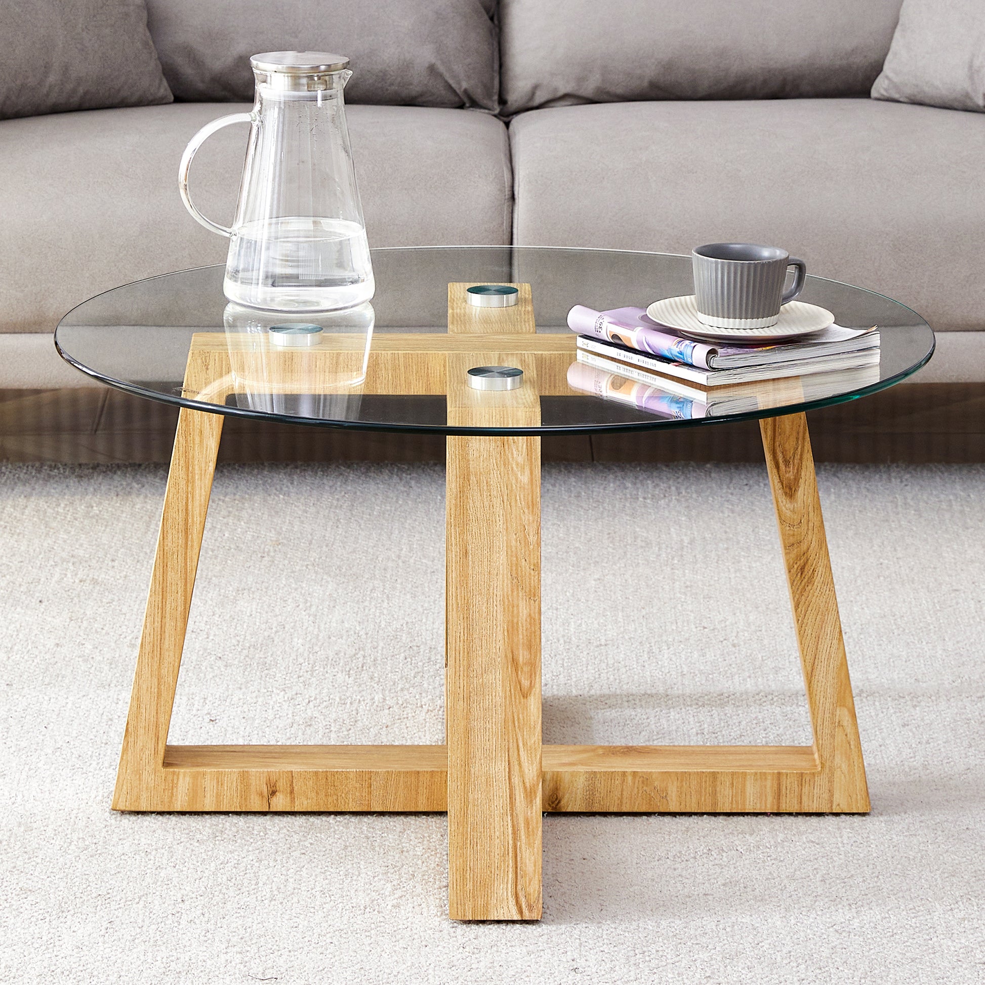 Modern Practical Circular Coffee Tables. Made Of Transparent Tempered Glass Tabletop And Wood Colored Mdf Material. Suitable For Living Rooms And Bedrooms.31.5"*31.5"*17.7" Transparent Glass