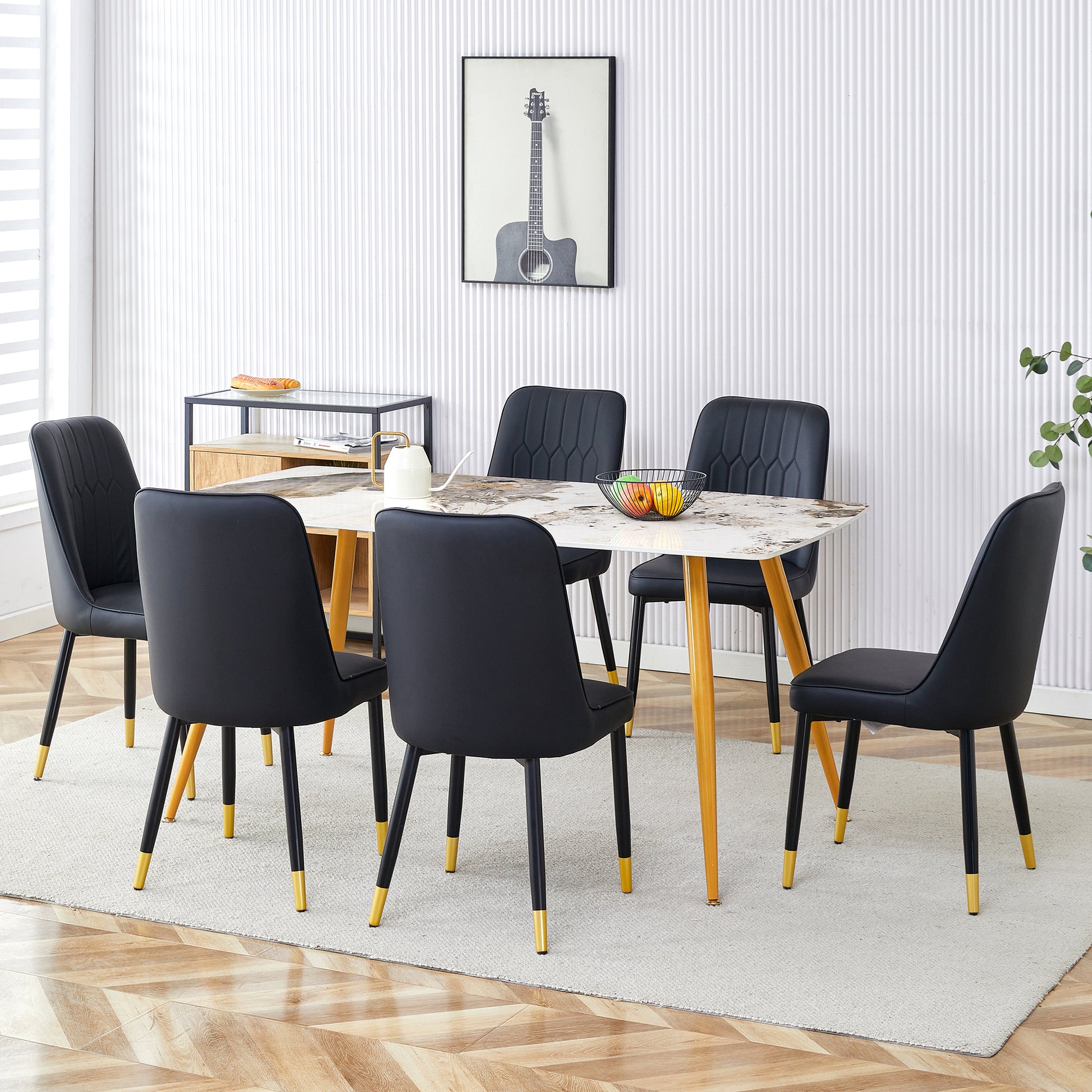 Modern Minimalist Dining Table. White Imitation Marble Pattern Sintered Stone Desktop With Golden Metal Legs.62.2"*34.6"*30" F 001 Gold Sintered Stone