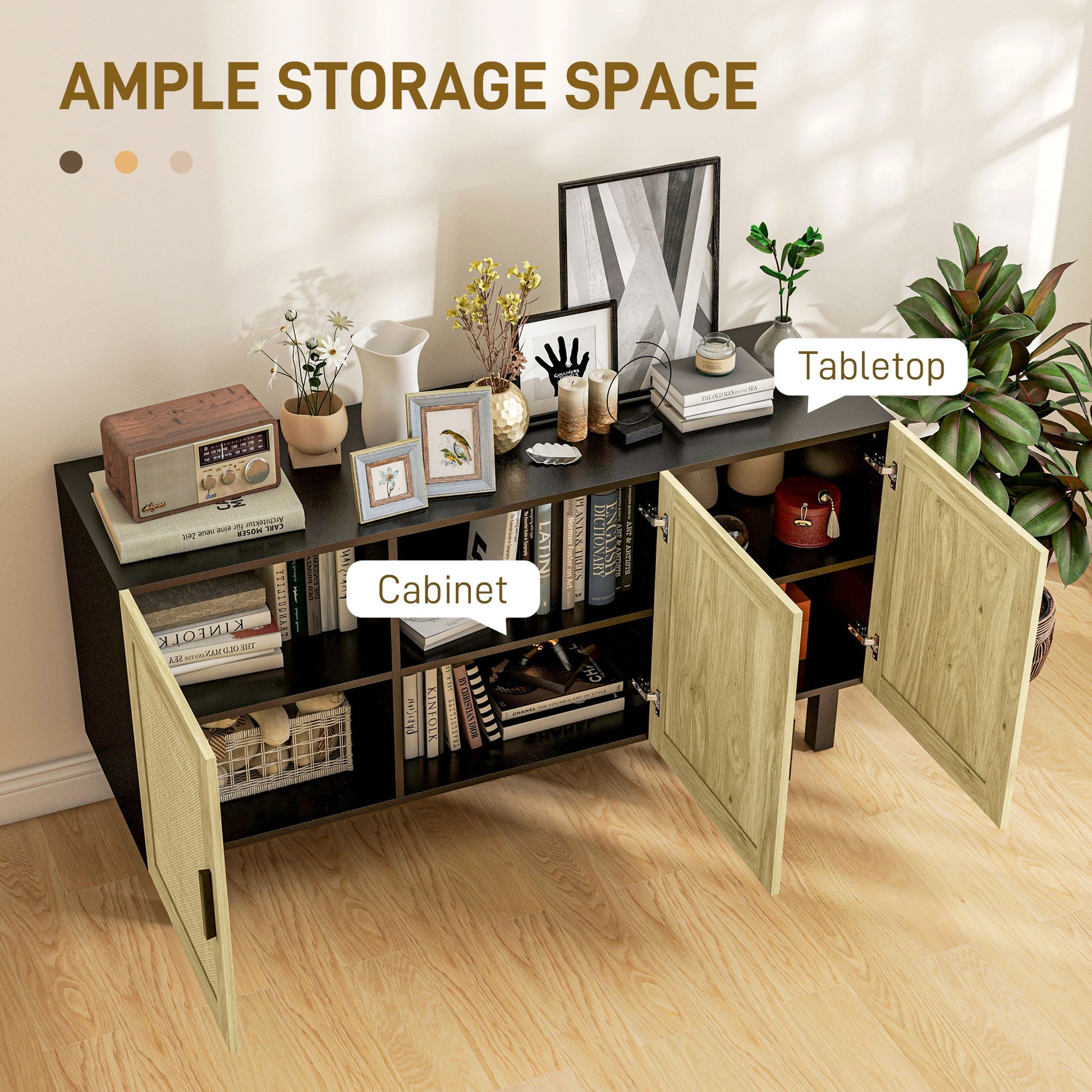 Homcom Sideboard Buffet Cabinet, Kitchen Cabinet, Coffee Bar Cabinet With 3 Rattan Doors And Adjustable Shelves, Black And Natural Black Natural Particle Board