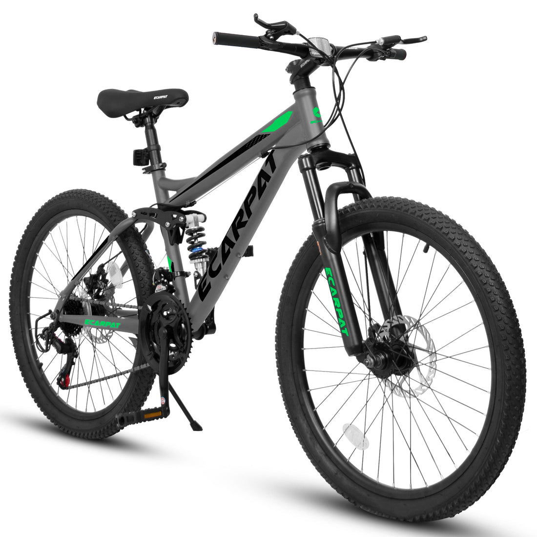 Ecarpat Mountain Bike 27 Inch Wheels, 21 Speed Full Suspension Mens Womens Trail Commuter City Mountain Bike, High Carbon Steel Frame Disc Brakes Grip Shifter Front Fork Rear Shock Absorber Bicycles Cycling Gray Without Durable Garden & Outdoor Classic