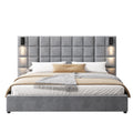 Upholstered King Bed,With Reading Lamp And Usb Port, Wide Headboard,Without Bedside Tables And Mattress, Velvet, Grey King Grey Wood Foam,Upholstered,Velvet