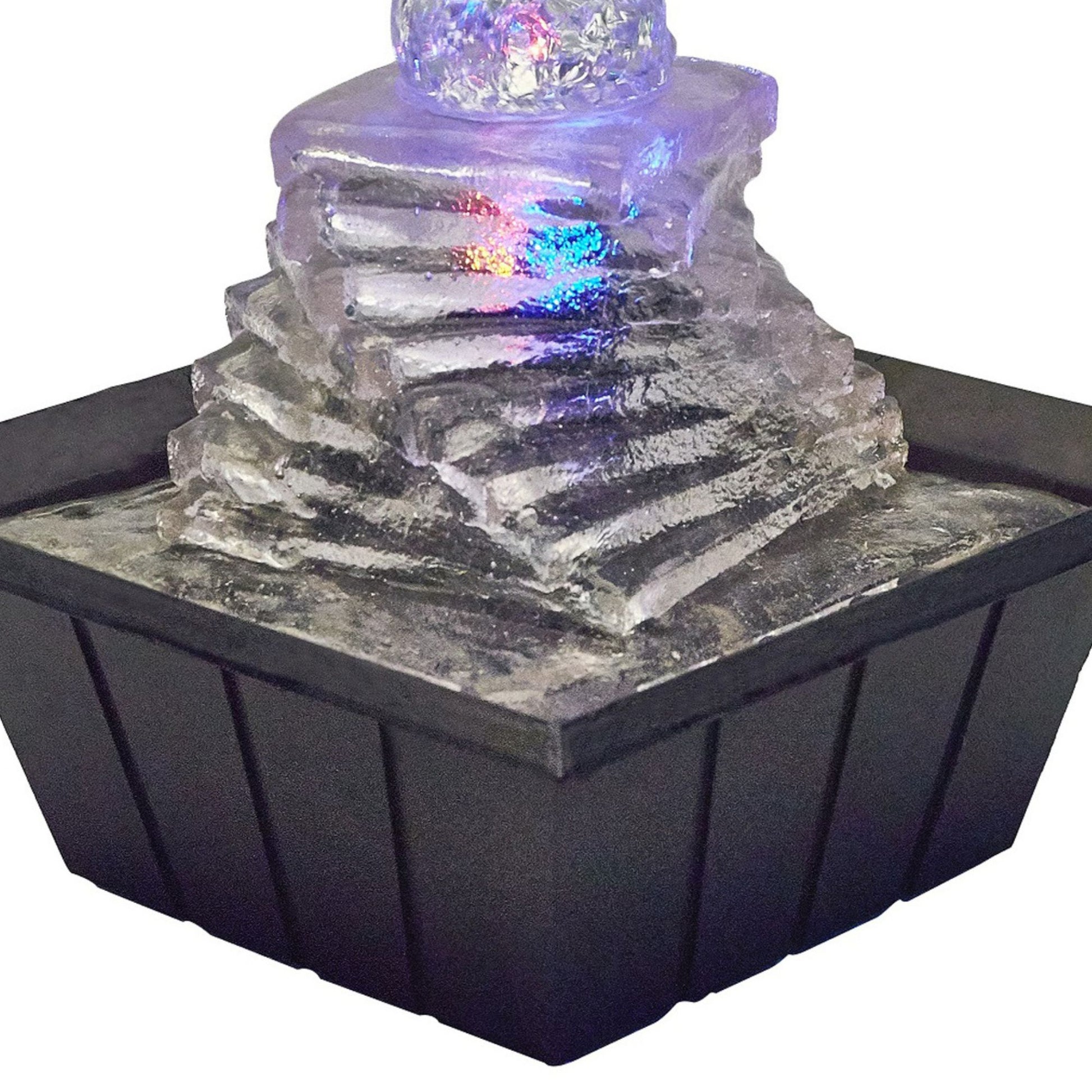 8" Tall Polyresin Indoor Fountain, Led Light And 1L Capacity, Spiral Ice Design Clear Polyresin