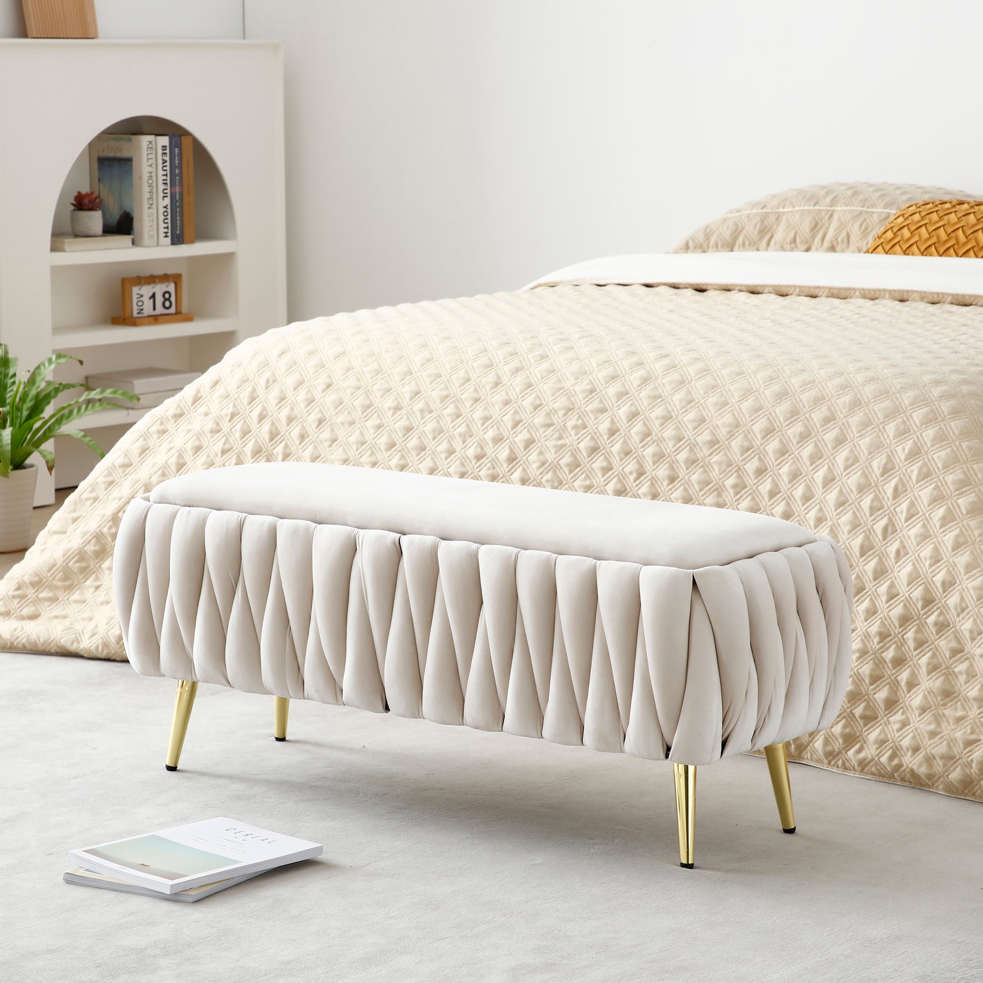 Oval Storage Bench With Gold Legs,Velvet Fabric Upholstered Ottoman Storage Benches For Bedroom End Of Bed,Sherpa Fabric Bench For Living Room,Dining Room,Entryway,Bed Side,Beige,5 Colors Beige Velvet