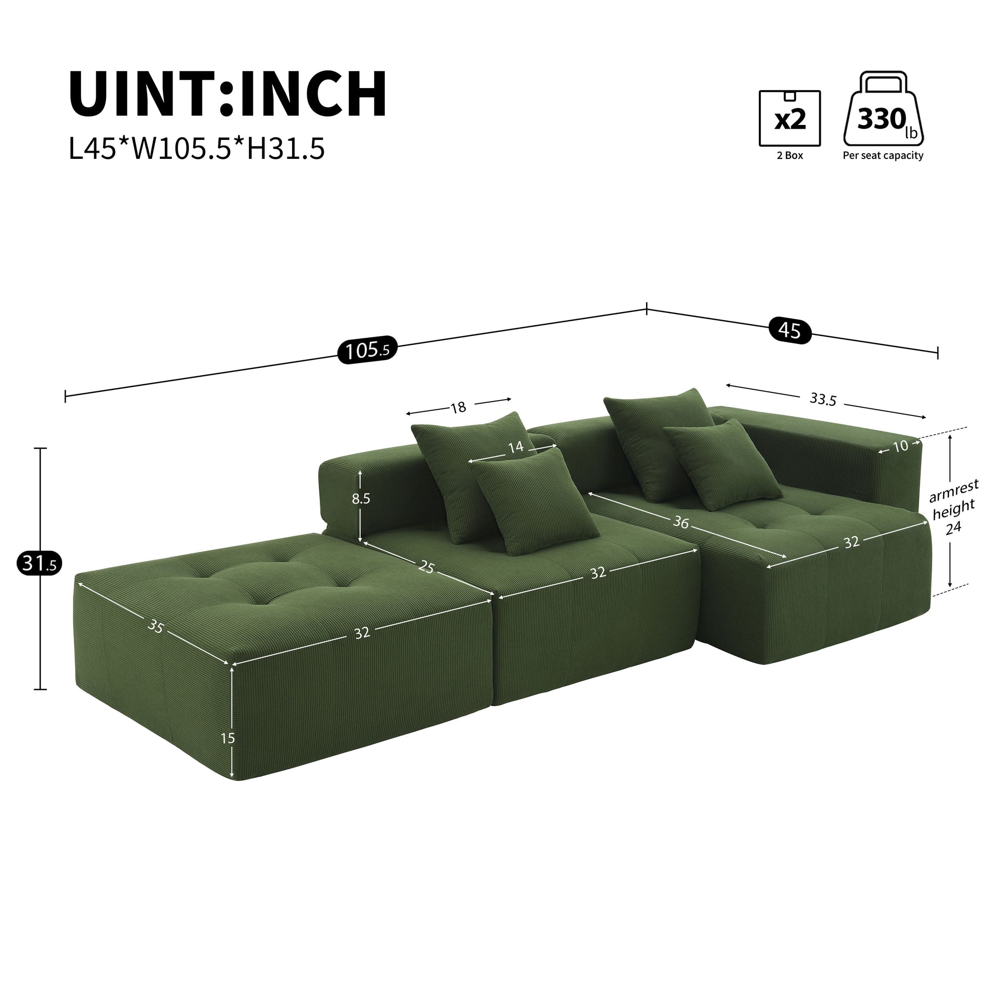 105.5'' L Shaped Modular Sectional Sofa,Minimalist Corduroy Floor Couch Set,Convertible Foam Filled Cloud Couch For Living Room,3 Pc Free Combination,No Assembly Required,3 Colors Green Corduroy 4 Seat