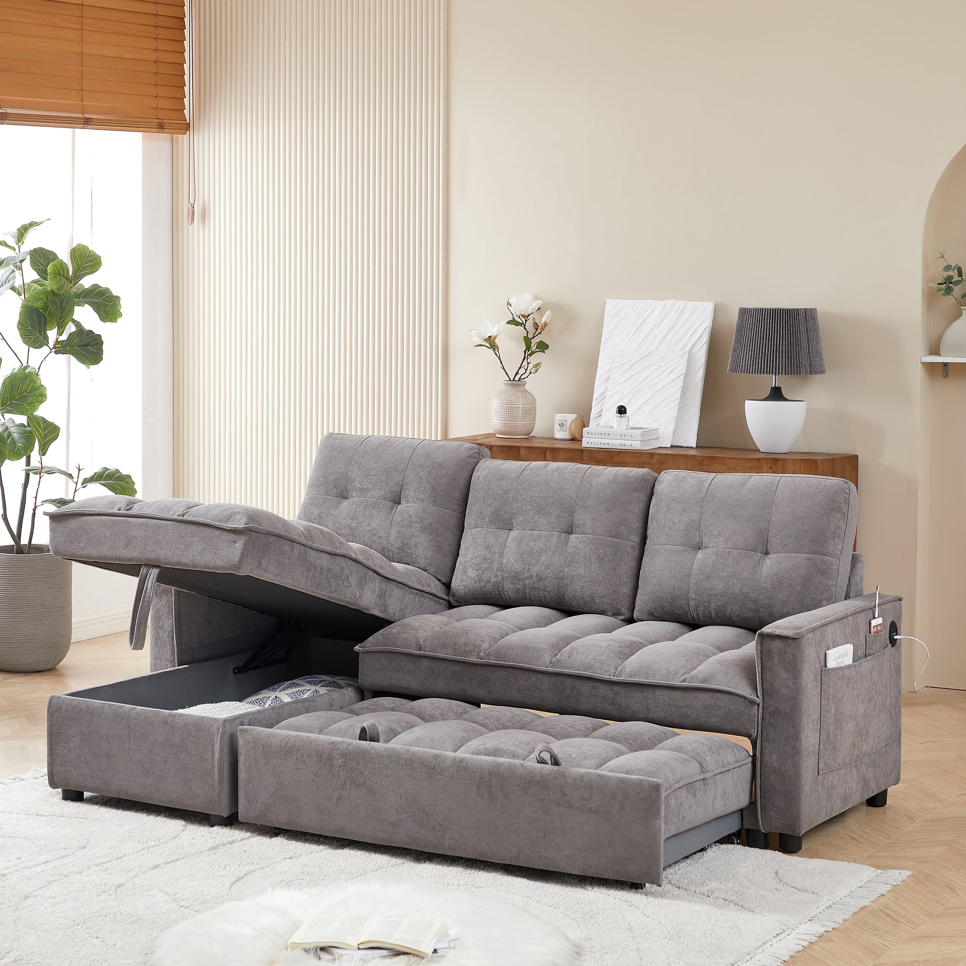 Mh 78.75" Reclining Sofa, Pull Out Sofa Bed With Usb And Tape C Charging Ports, L Shaped Sectional Sofa With Reclining Storage And Arm Side Organizer Pocket Features, Living Room Comfort Sofa Dark Grey Chenille Wood Primary Living Space Eucalyptus Foam