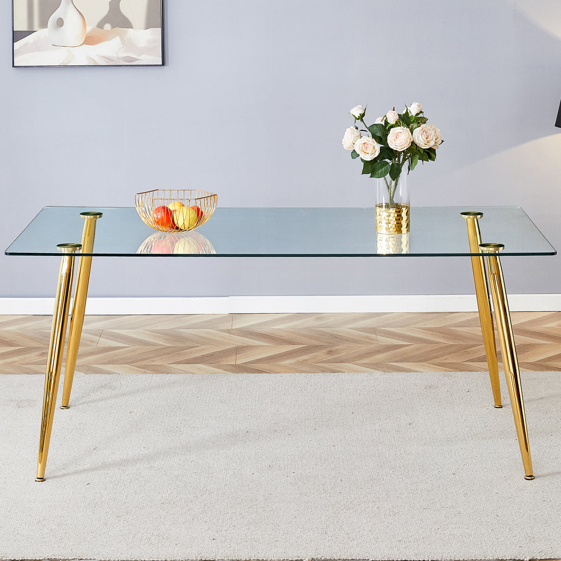 Modern Rectangular Glass Dining Table, Suitable For 4 6 People, With Tempered Glass Countertop And Gold Metal Legs, Writing Desk, Suitable For Kitchen, Dining Room And Living Room Transparent Glass