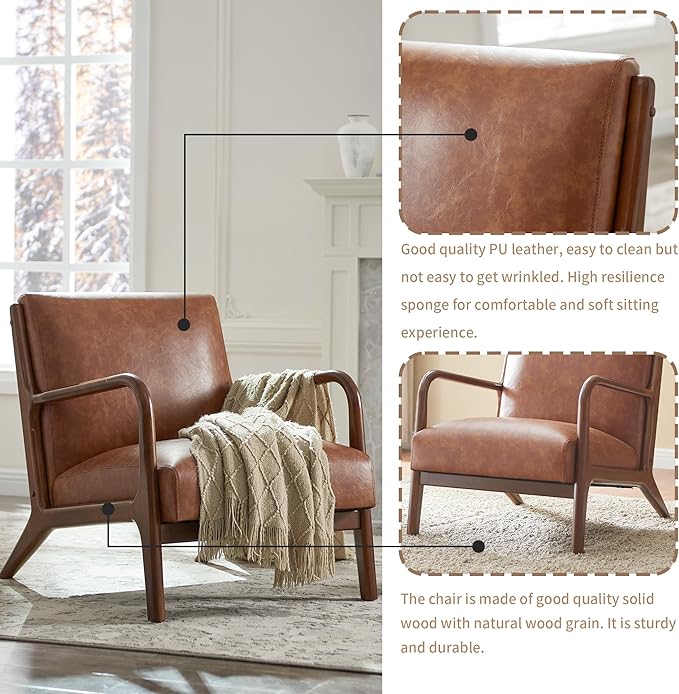 Living Room Accent Arms Bedroom,Office,Apartment, Reading Chair, Single, Faux Leather Brown Brown Wood
