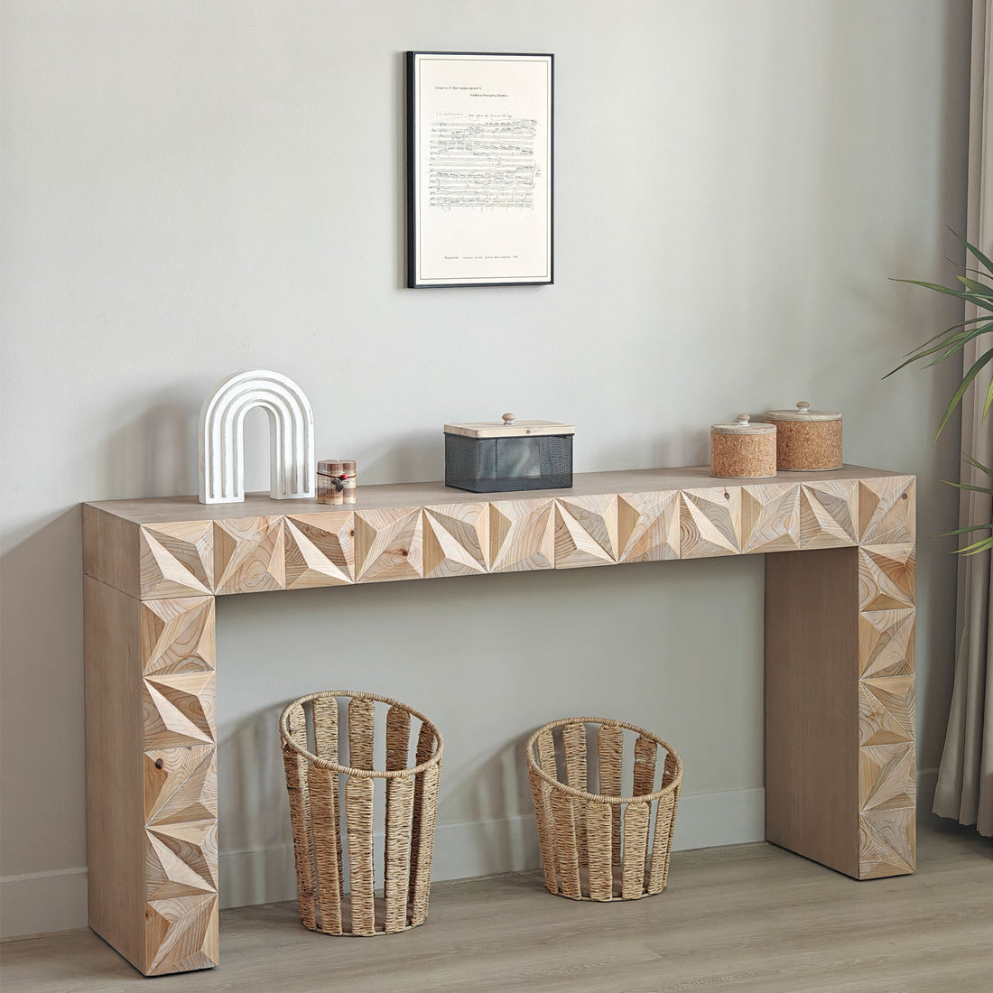 Modern Geometric Wooden Console Table Natural Wood Finish With Handcrafted 3D Design Antique Natural,Natural,Natural & Light Brown,Natural Wood,Natural Wood Wash Nature Distressed Finish Primary Living Space Powder Coated Rectangular Wood