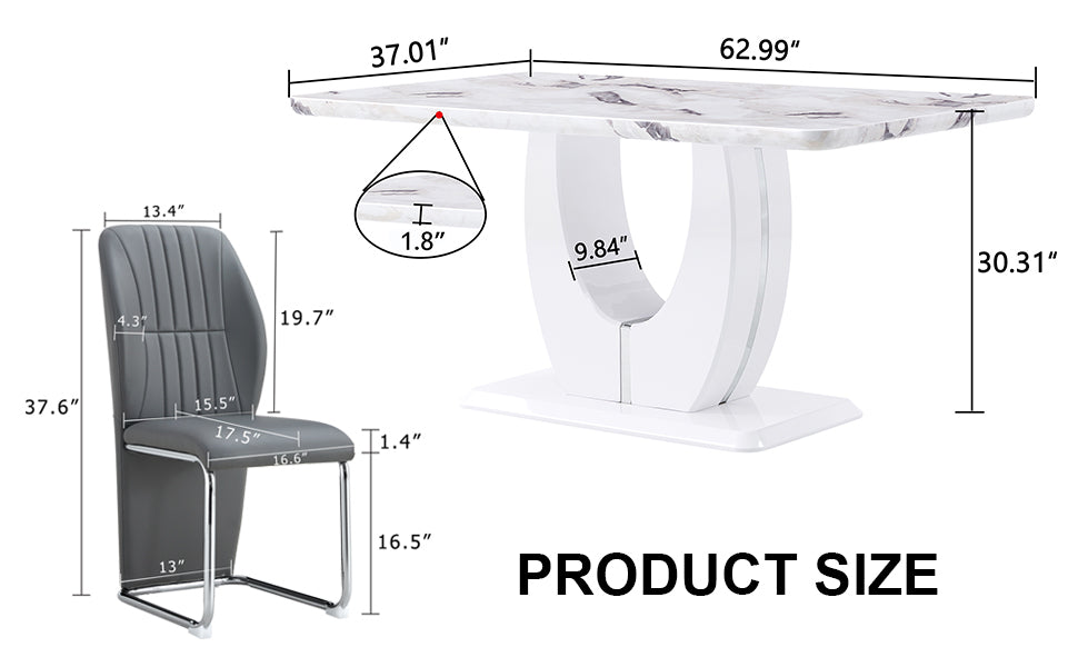 Table And Chair Set, Modern Luxurious White Imitation Marble Pattern Mdf Dining Table Rectangular Dining Table, Matched With Uniquely Shaped Pu High Backrest Seats,Suitable For Various Occasions. Grey White Seats 4 Mdf