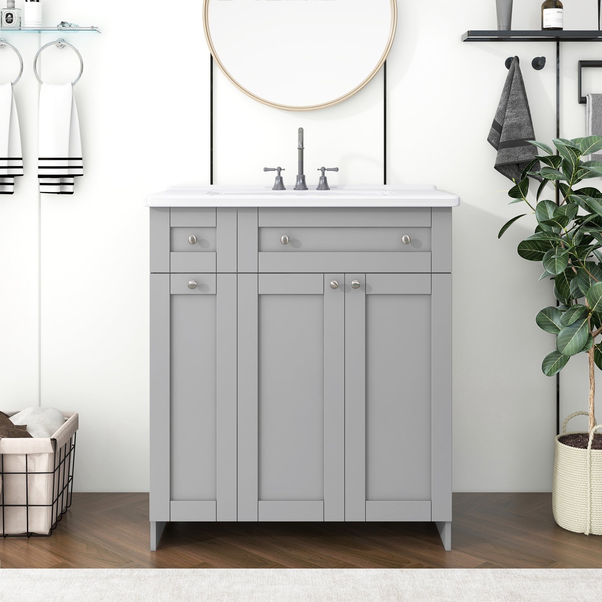 30 Inch Grey Bathroom Vanity With Ceramic Sink Combo, Abundant Storage Cabinet 2 Soft Close Doors And Double Tier Deep Drawer Grey Bathroom Mdf